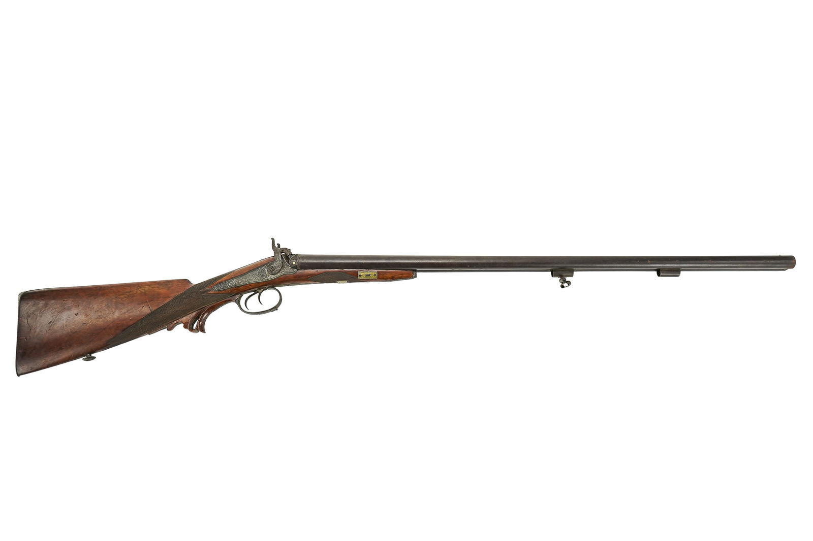 19th c Kleinert Percussion Shotgun: 19th c 12 ga (.72cal at muzzle) Percussion Shotgun- Barrel inlaid with "Maschek in Wein" Lock Marked Gollersdorf and Klienert on opposing sides. Hand checkered walnut stock with pierced and carved