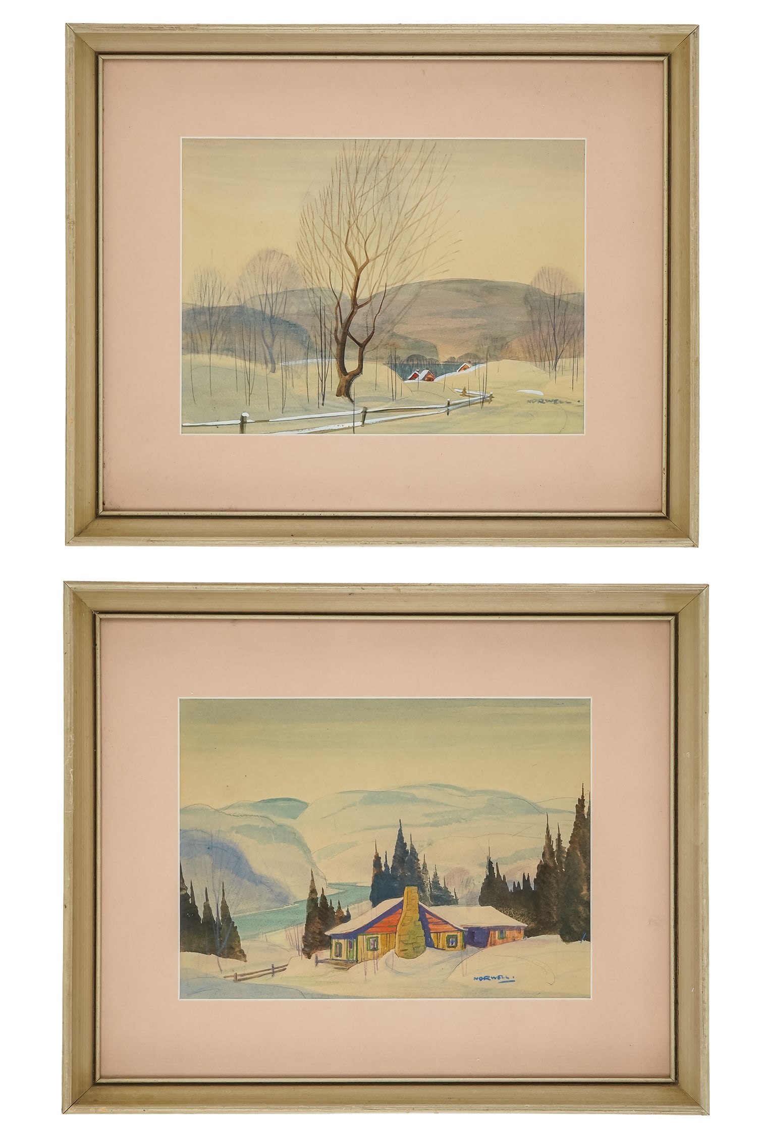Graham Noble Norwell (CA 1901-1967) Two Winter Landscapes: Graham Nobel Norwell (Scottish/Canadian 1901-1967) Two small winter landscapes - signed lower right 7.5 x 10.5" 12.5 x 15.5" as framed. Working in oil and watercolour, Norwell became known for