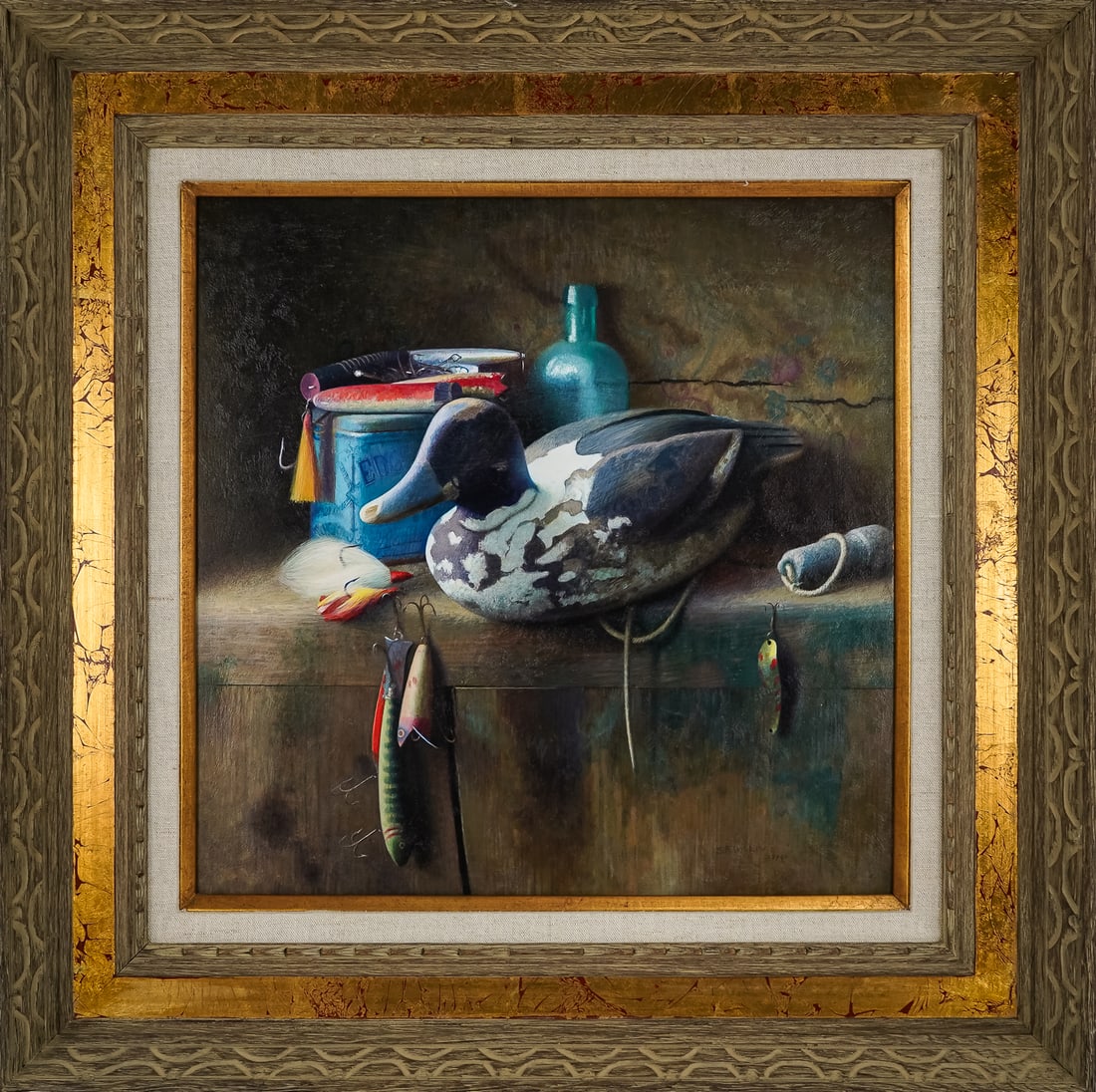 Sidney Willis (AM 1930-) Decoys and Lures: Sidney Willis (American 1930-) Decoys and Lures oil on masonite signed lower right dated 1988 18 x 18" 26.5 x 26.5" as framed -Sid builds his pictures with craftsmanship as well as artistic