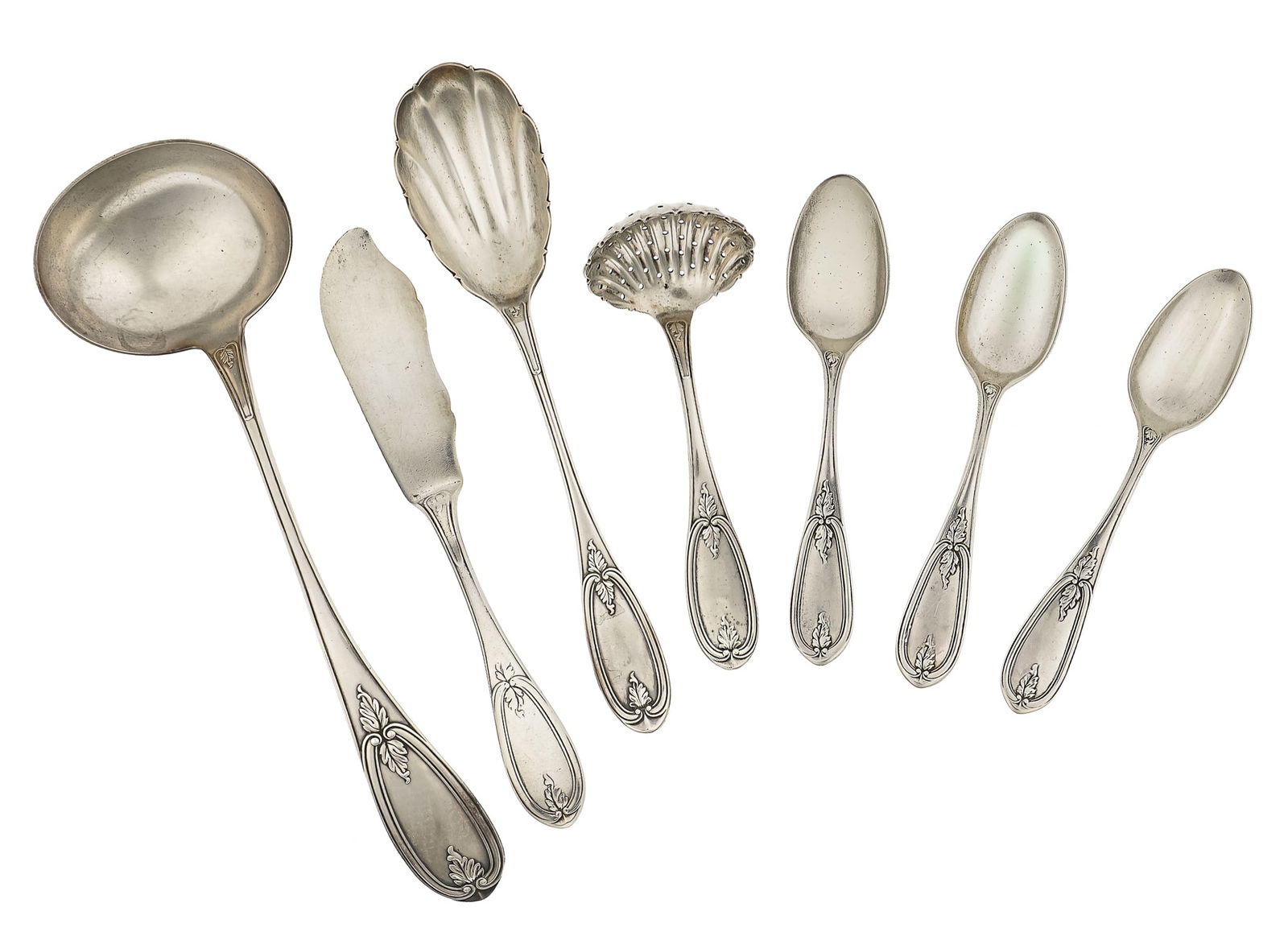 7 pcs. Mid 19th c. Coin Silver "Olive" Flatware: Group of 7 pcs. of mid 19th c. "Olive" motif coin silver flatware including Farrington and Hunnewell punch ladle, scalloped serving spoon, and slotted berry ladle, accompanied by 3 Newel Harding and
