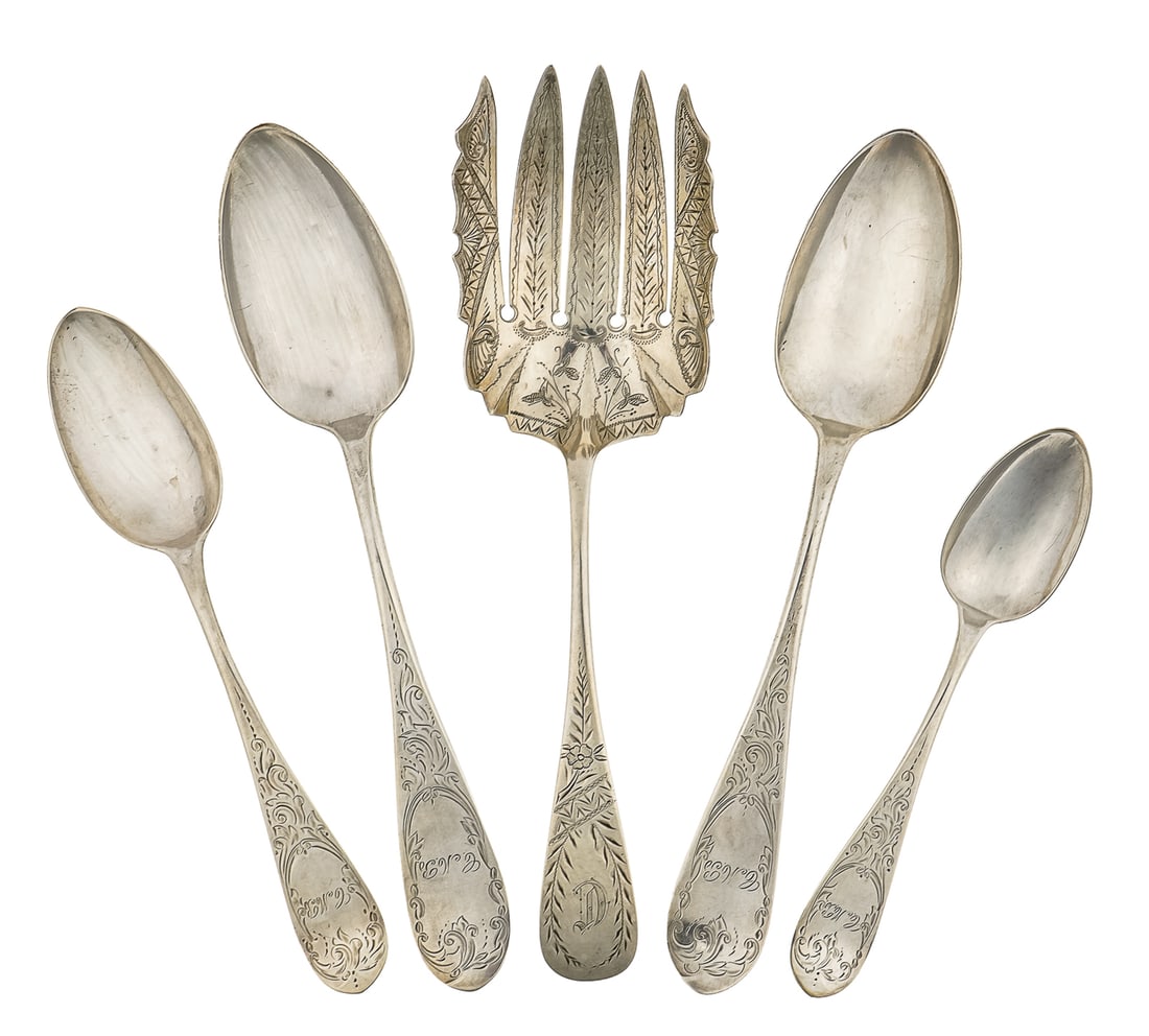 15 pcs. E.B. Horn Bright Cut Coin Silver Flatware: 15 pcs. mid 19th c. E.B. Horn Boston, MA bright cut coin silver flatware including 6 tablespoons, 6 teaspoons, pair of serving spoons, and serving fork, all having delicate hand engraved foliate