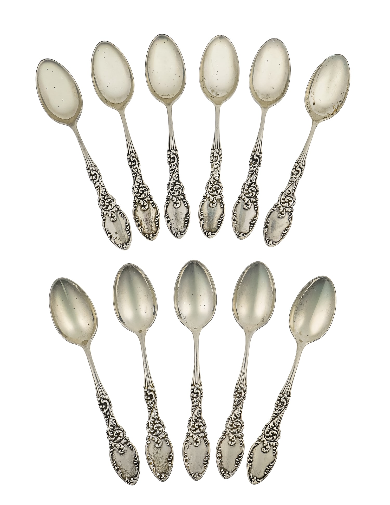 11 Whiting Rococo Sterling Demitasse Spoons: Set of 11 ca. 1900 Whiting Rococo motif sterling silver demitasse spoons 4.5" 3.8 ozt. -one with old repair