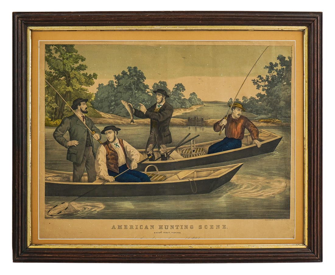 Large Folio Colored Lithograph Brook Trout Fishing: Large folio colored lithograph titled "American Hunting Scene Brook Trout Fishing". Printed by Thomas Kelly New York. Age appropriate foxing. 26" x 20", frame 32" x 26".
