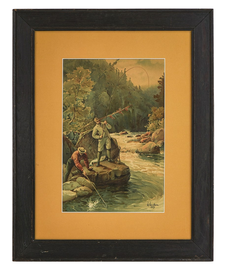 1889 Print Salmon Fishing: 1889 colored print of Atlantic salmon fishing by Henry Sandham. Good overall condition with period oak frame. 23" x 29" outside frame. Rematted, in good condition.