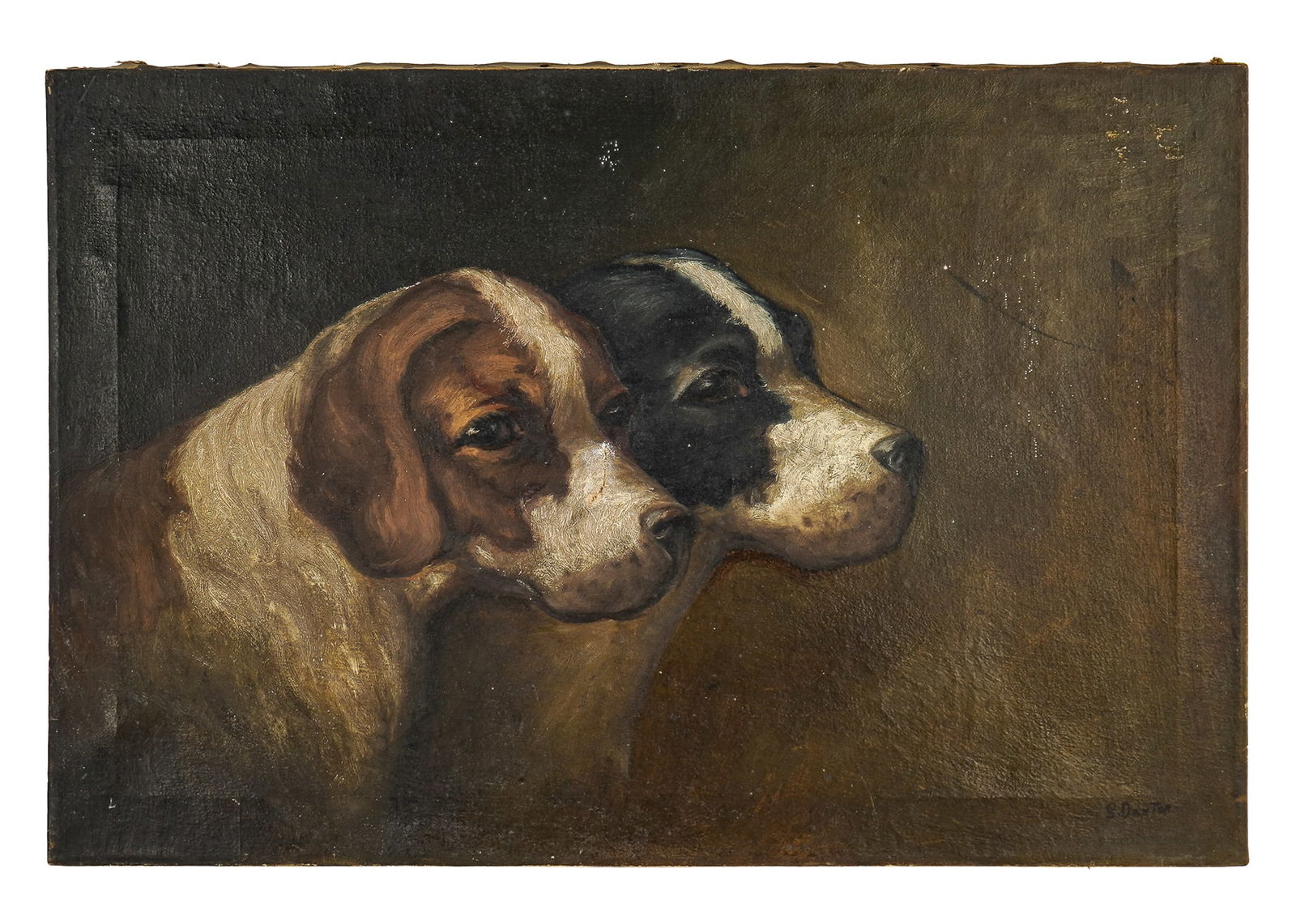 Ferdinand Danton (Am. 1877-1939) Pointers Dogs: Oil on canvas by Ferdinand Danton (Am. 1877-1939) a portrait of two pointer hunting dogs. Signed Danton. 20" x 30". No Frame, some wear to canvas. Danton is more famous as an art forger than as a