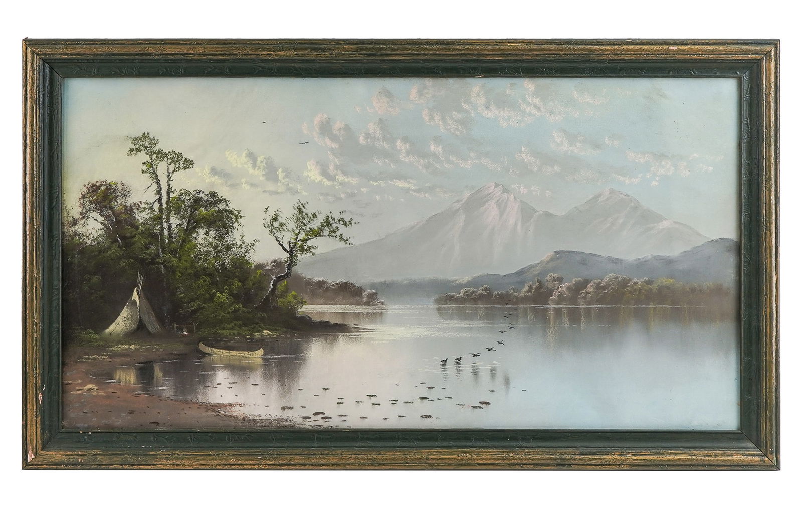Western Mountain Pastel Landscape: Early 20th c pastel on paper of a Western US mountain & lake landscape with Teepee, fire, & birch bark cannon. Overall very good condition. 17" x 34" image.