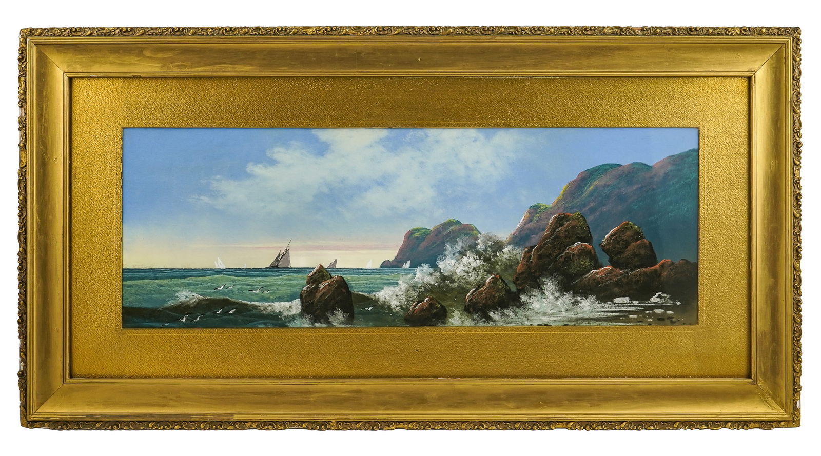 Pastel on Paper Seashore: Fine early 20th c pastel on paper of rocky coastline with birds, sailboats, and breaking waves. 12" x 34". Gilt original frame and matting, 24 x 46". Losses to frame.