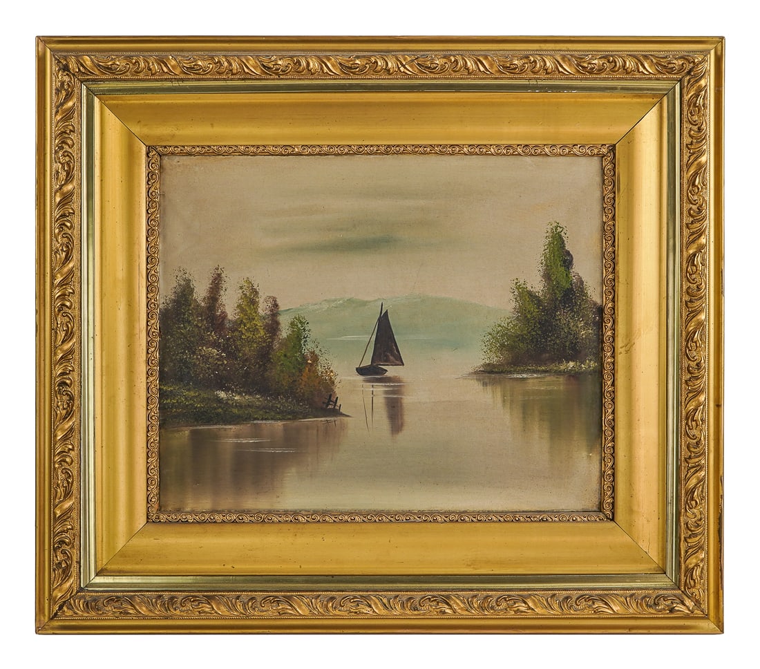 19th c Hudson River School Landscape: Late 19th c oil on canvas Hudson River School / Adirondack landscape of sail boat in fall mountain water way. Good original gilt frame, overall good original condition. 16" x 20", frame 26" x 30".