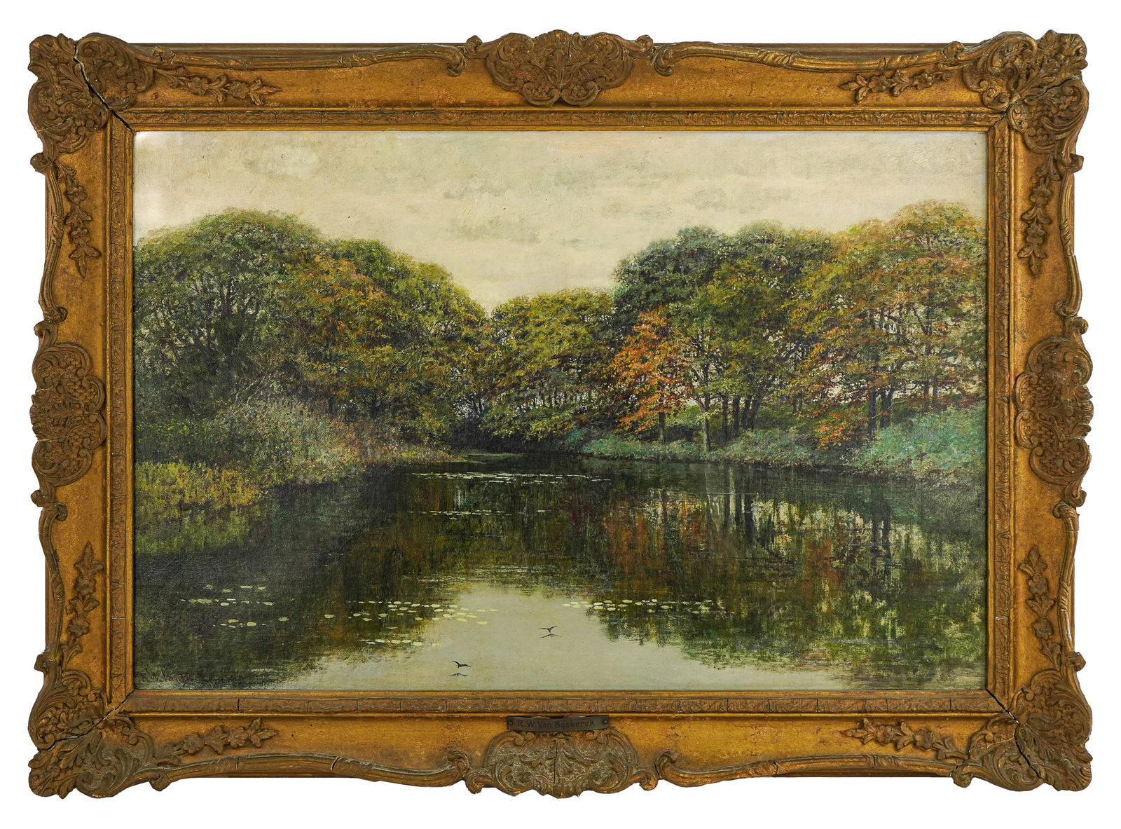 R W Boskerck(Am. 1855-1932) Oil Landscape: Robert Ward van Boskerck (AMERICAN, 1855-1932) oil on canvas late summer pond scene. 29" x 20". Original frame, 36" x 26".