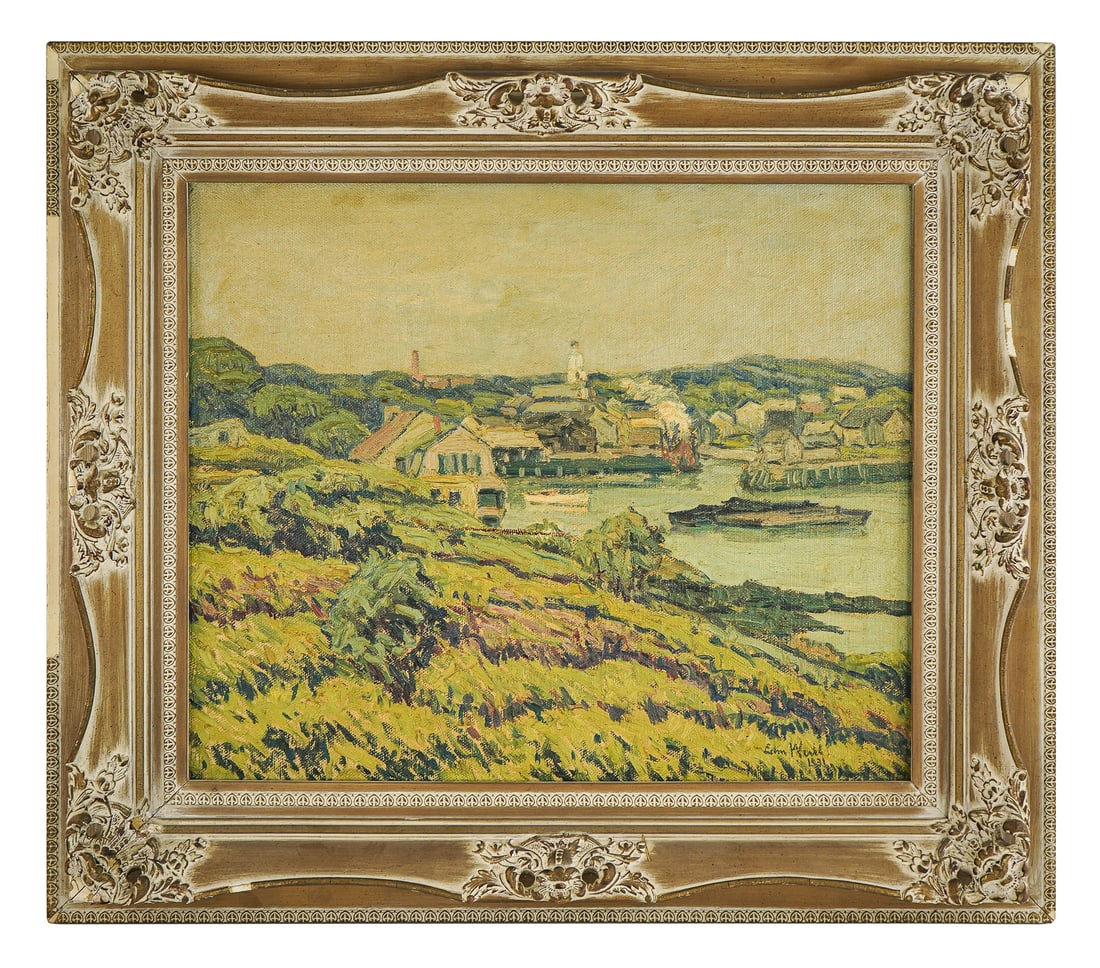 Edmond Weill (Am. 1877-1947) Provincetown, MA: Oil on canvas signed by Edmond Weill (Am. 1877-1947) dated 1931. Harbor coastal town scene, Provincetown, Massachusetts, MA. A student of The National Academy of Design*, where he studied under Edgar