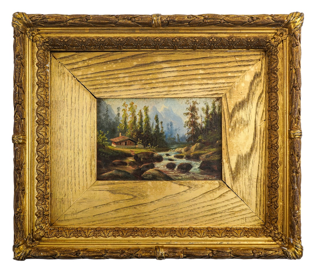 19th c Western Landscape: 19th c oil on board western mountain landscape with stream and cabin. 8" x 5". With fine gilt gesso period frame and oak gilt interior surround. 17" x 14" frame. Signed no legible.