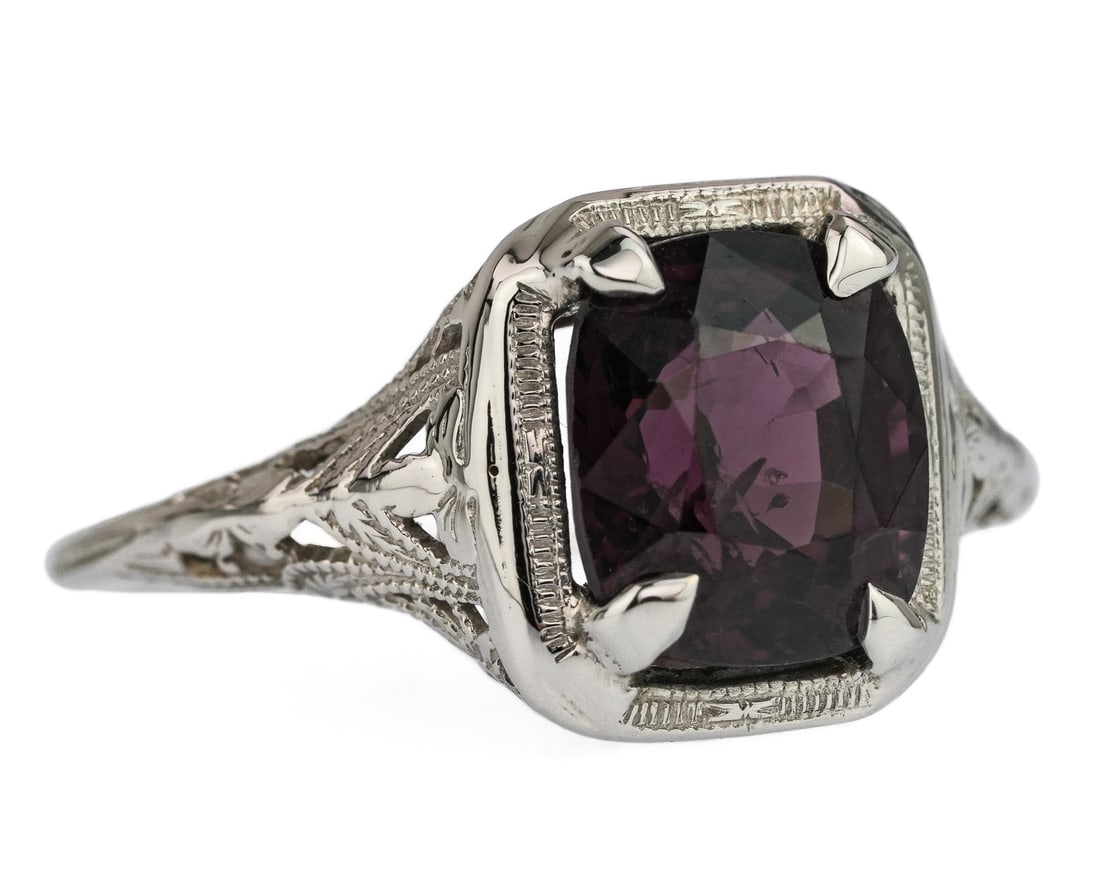 Art Deco 18k & Spinel Ring: Art Deco 18k white gold ring set with a emerald cut spinel, approx. 3 CTS. Ring size 6.5