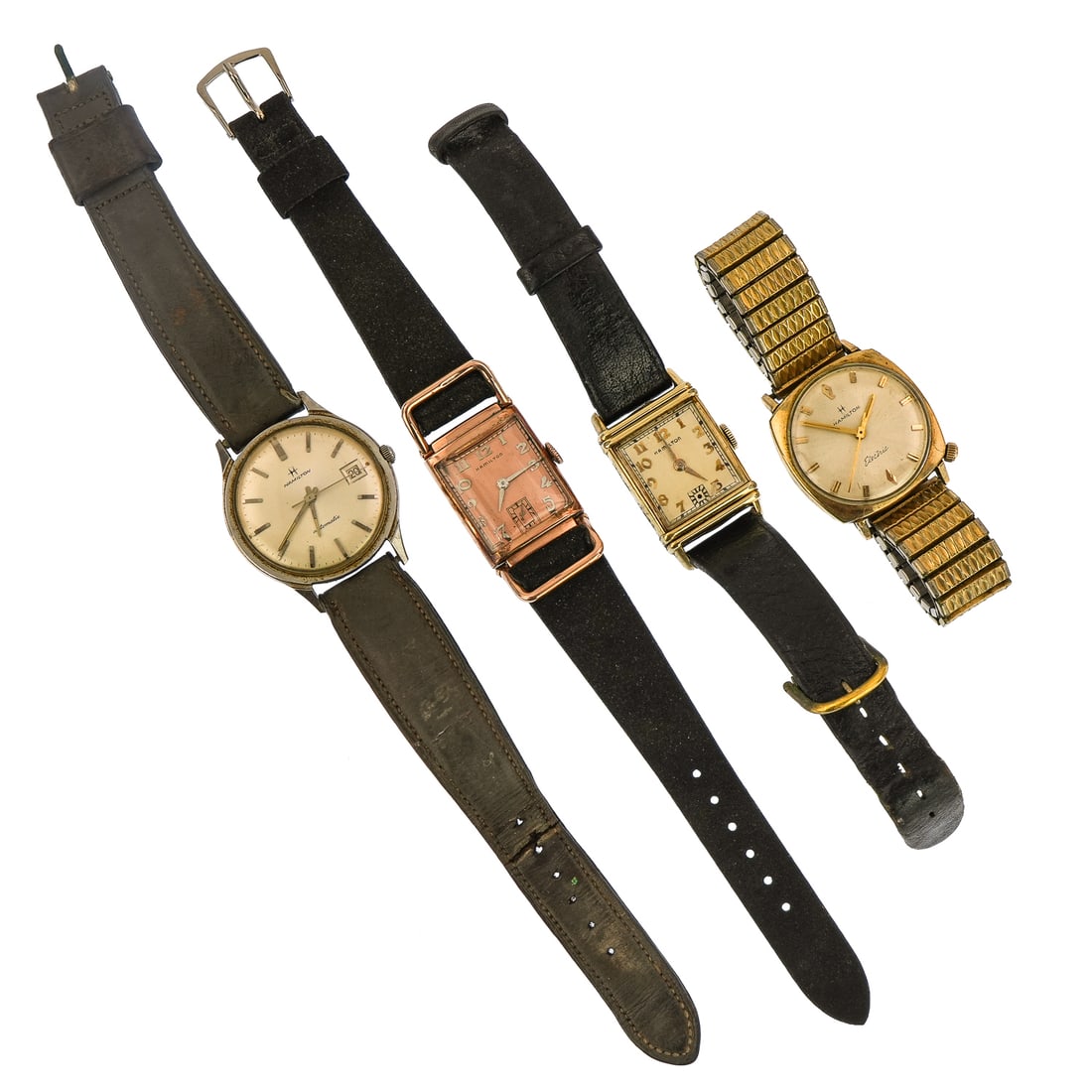4 Vintage Hamilton Men's Wrist Watches: 4 Vintage Hamilton men's wrist watches including a rose gold plated rectangular case with bubble crystal, silver arabic numerals, second hand dial. Almost new strap. Running condition. Yellow gold