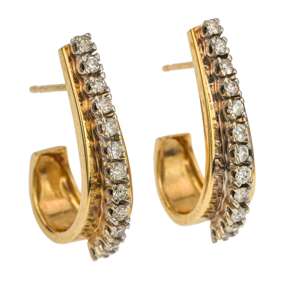 14k J-Hook & Diamond Earrings: 14k yellow gold J hook earrings each set with 12 round cut diamonds approx .03 cts each or approx. .75 CTS.T.W diamonds. 1" long. 5 grams t.w.