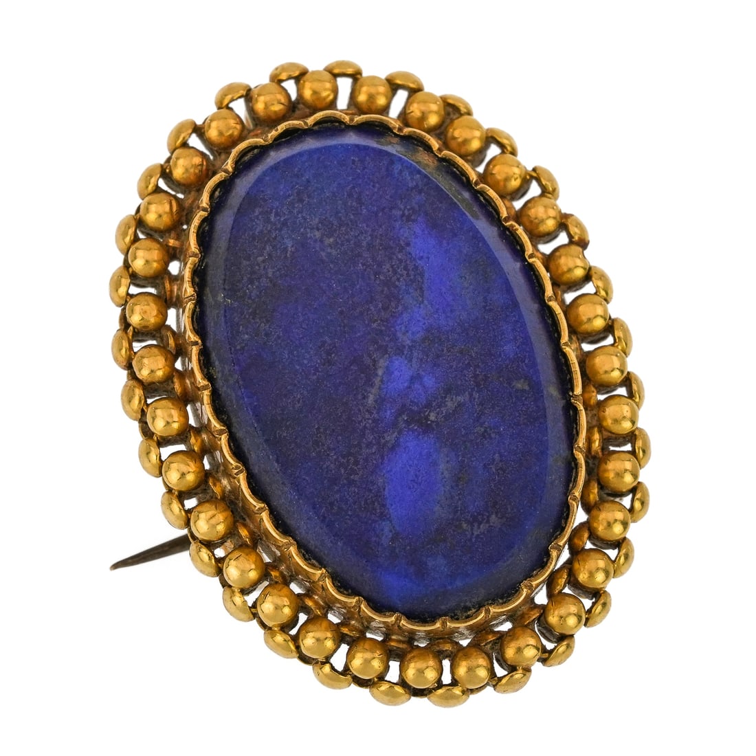 14k & Lapis Oval Brooch: 14k yellow gold bead work surround oval brooch pin with center polished lapis panel. 1 1/4" long. 7.26 grams t.w.