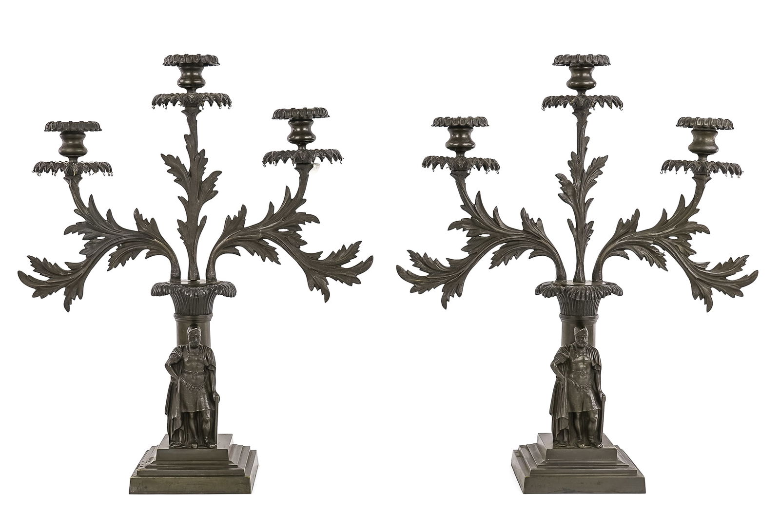 Bronze Garniture Triple Candelabra: Ca 1890 patinated bronze figural triple candelabra with Roman soldiers, iron weights in base, hts 19"