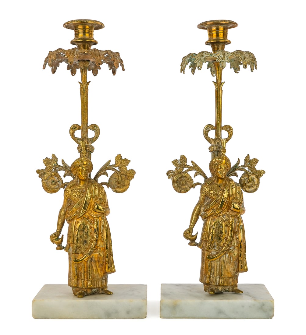 Gilt Brass Girandole Candlesticks: Ca 1890 gilt brass girandole candlesticks with Orientalist figures, birds, white marble bases, hts 14 1/2", lacking prisms