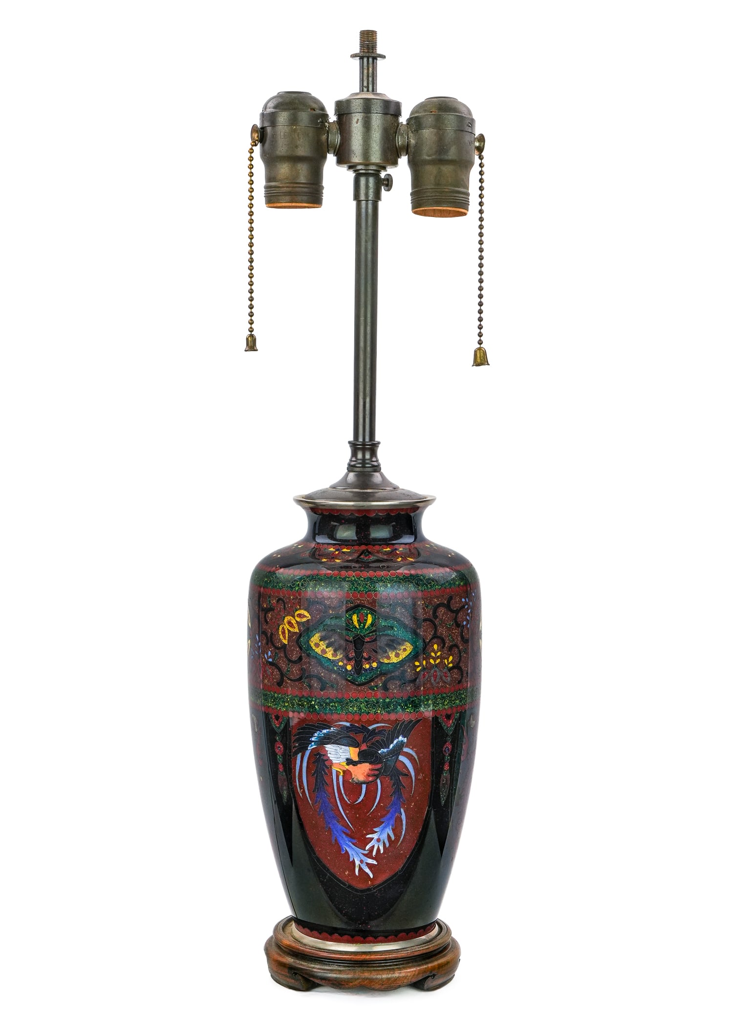 early 20th c Cloisonne Table Lamp: Early 20th c cloisonne table lamp, good detail, silver rims, double socket, overall ht 20 1/2"