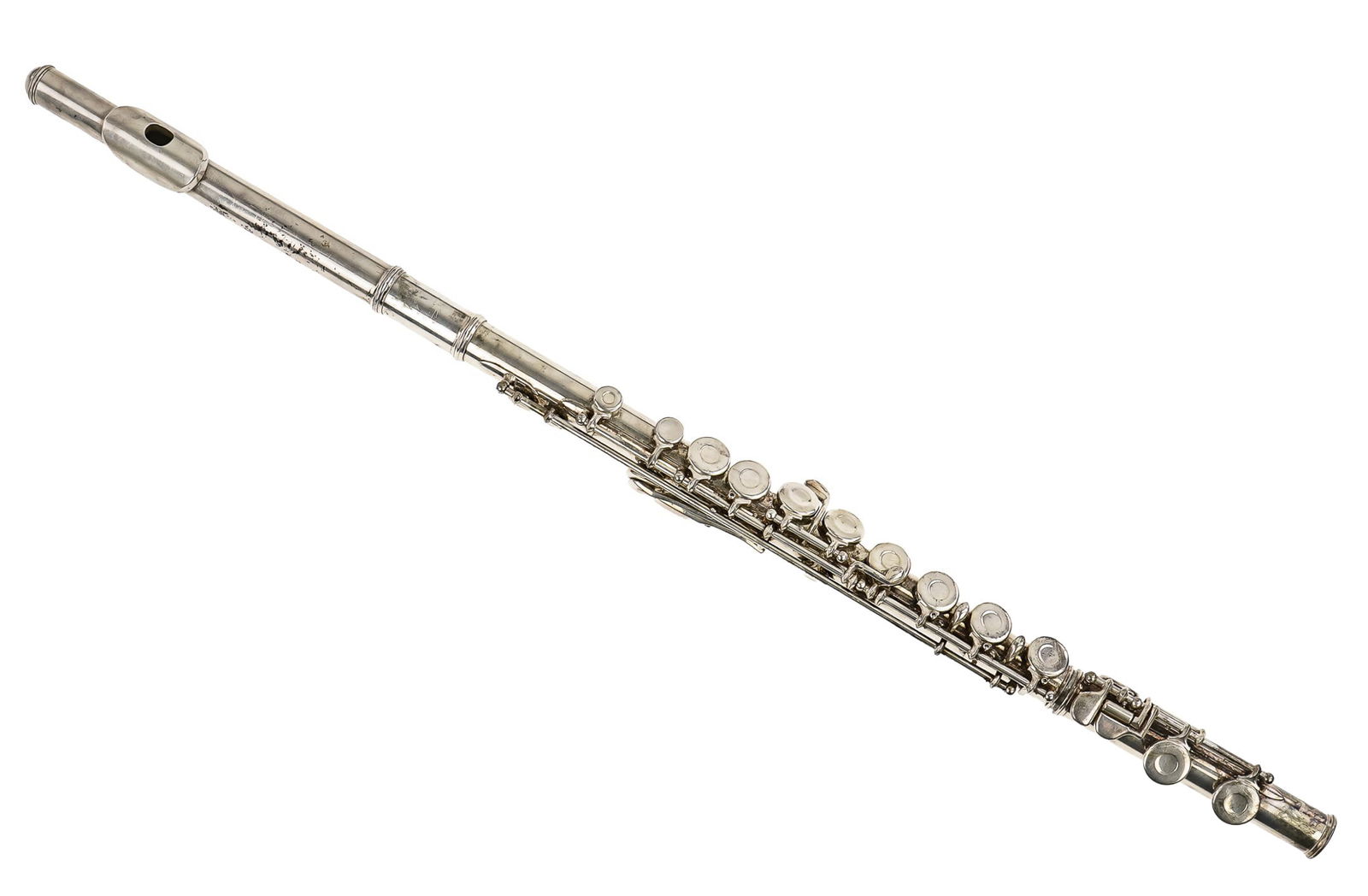 Armstrong Model 90 Sterling Flute: Armstrong Model 90 sterling silver flute, closed holes, sterling silver head joint and body, silver plated foot, pads appear to have light wear, with case, serial number 26750