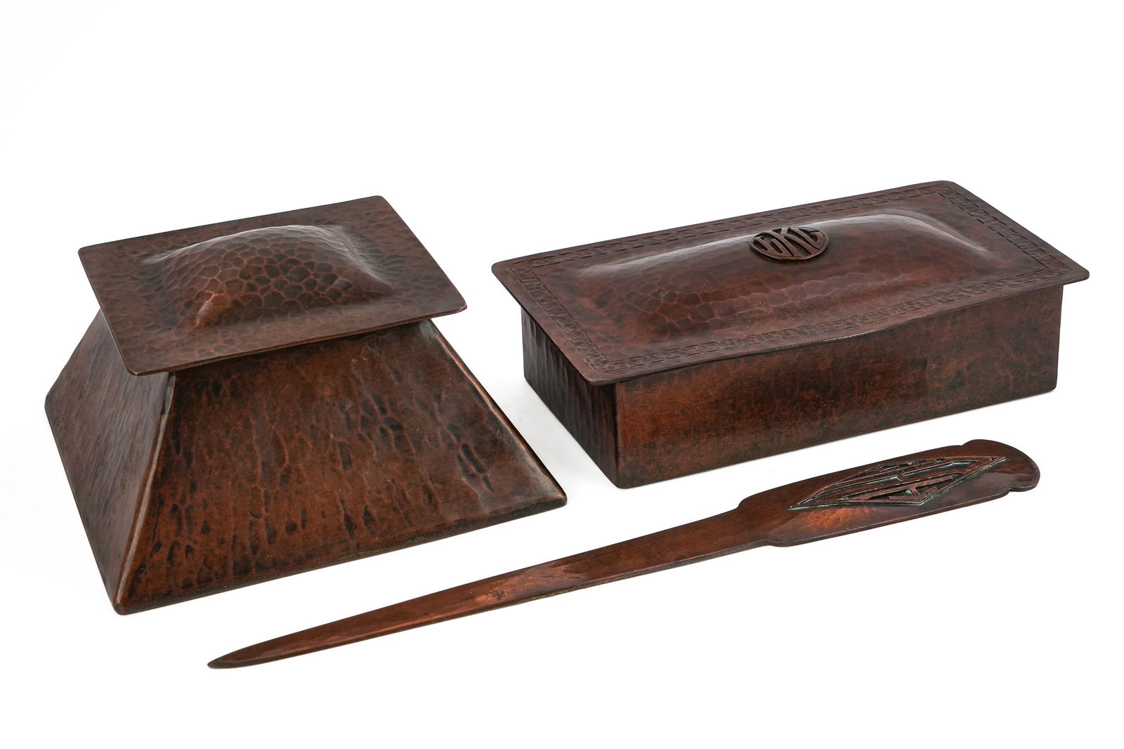 Dirk Van Erp Hammered Copper: Dirk Van Erp Arts & Crafts hammered copper box, large inkwell, and letter opener, all with windmill marks, the box and letter opener with different owner's initials, inkwell 5 1/4" x 5 1/4", box