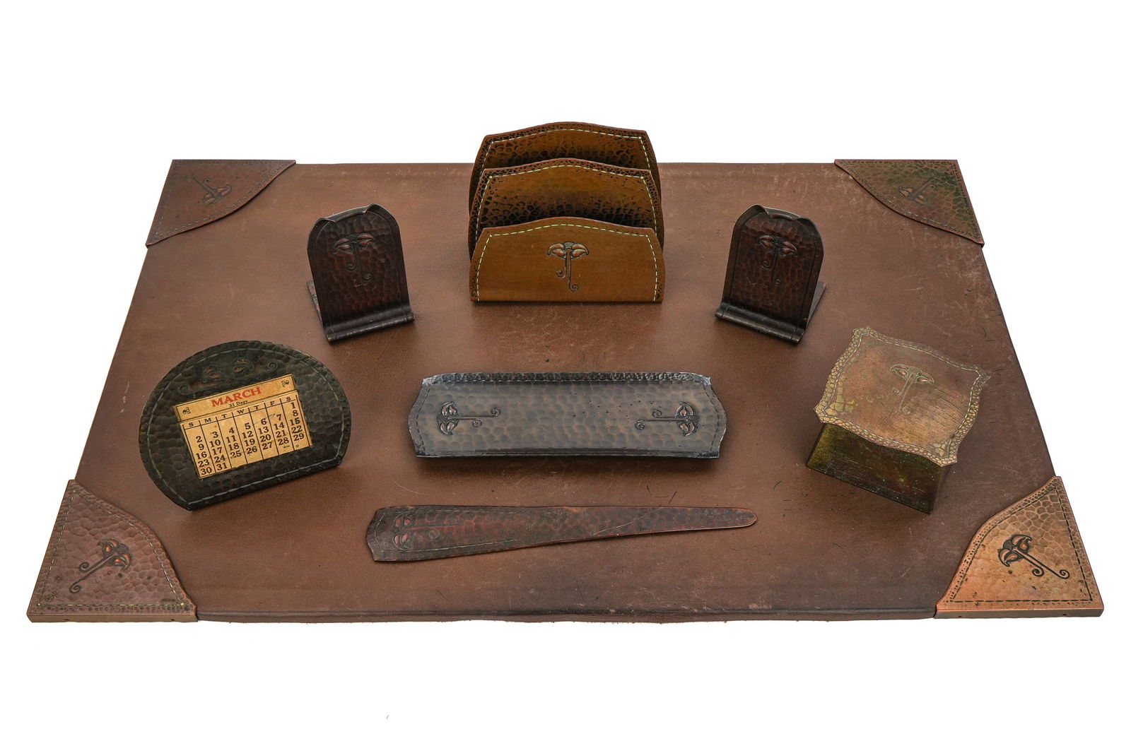 Roycroft Tree of Life Desk Set Pieces: Roycroft "Tree of Life" desk set pcs (12 pcs total), including 4 blotter corners, inkwell, letter holder, calendar, Little Journey" bookends, pen tray, letter opener, all with Aurora or copper