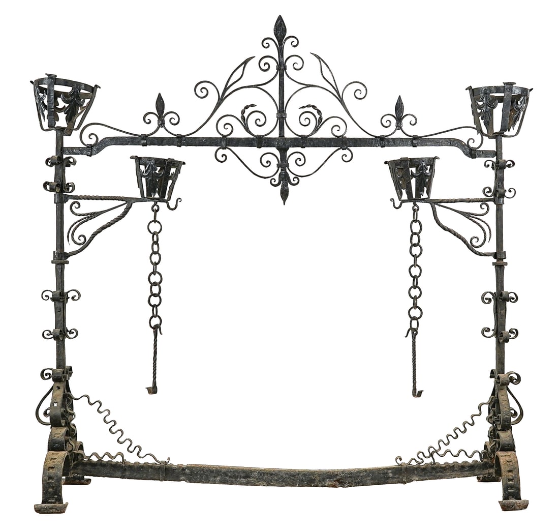 French Manor House Wrought Iron Fire Surround: A large and impressive early 19th c French Gothic wrought iron manor house fire surround, ht 62", width 64"