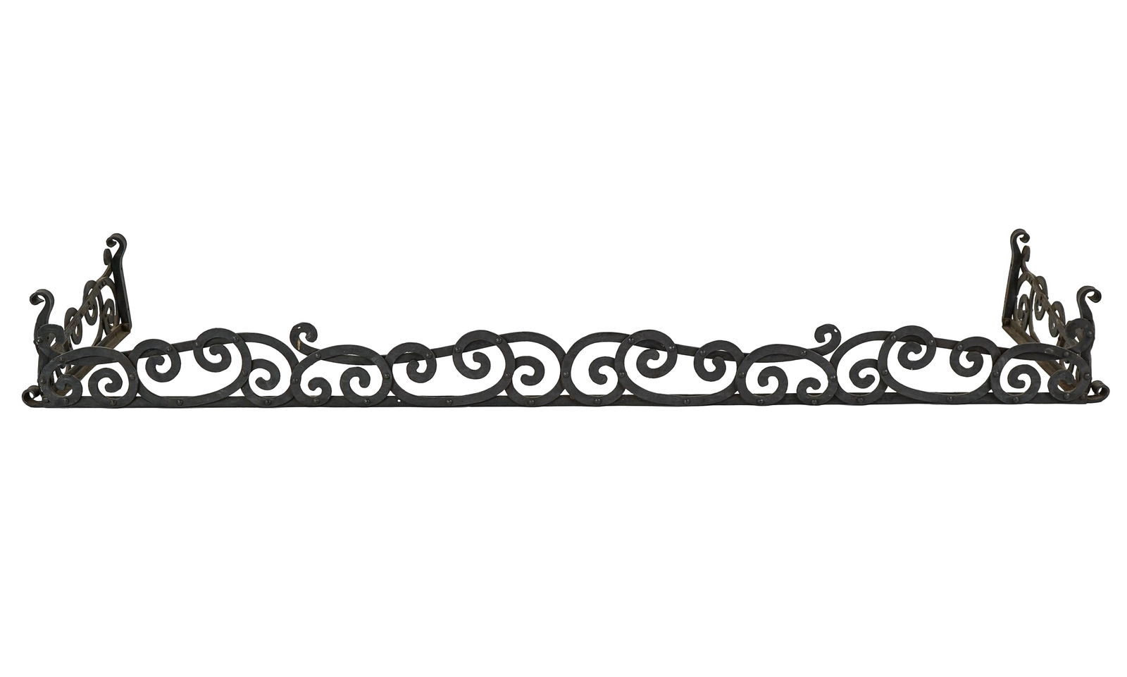 Wrought Iron Fireplace Fender: 20th c wrought iron fireplace fender, 6' x 19" x 9"