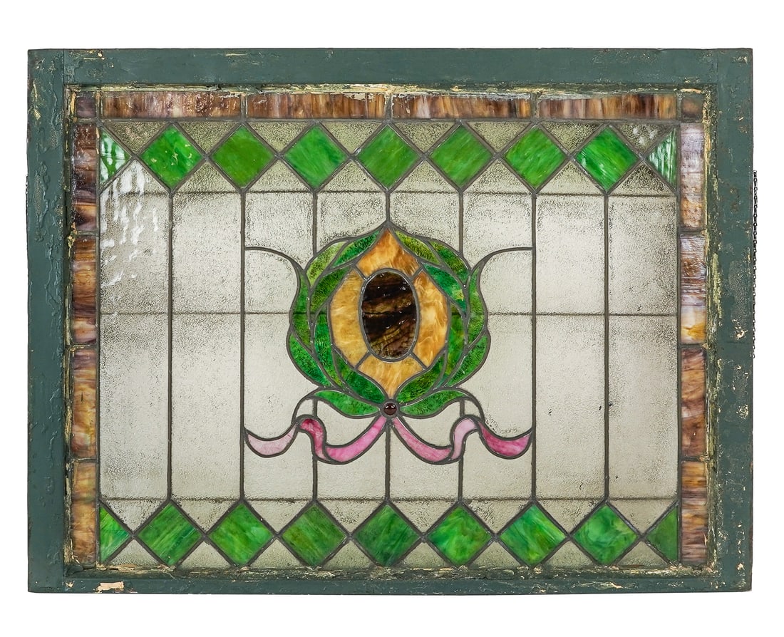 Art Nouveau Stained Glass Window: Art Nouveau leaded stained glass window, 33" x 43 1/2"