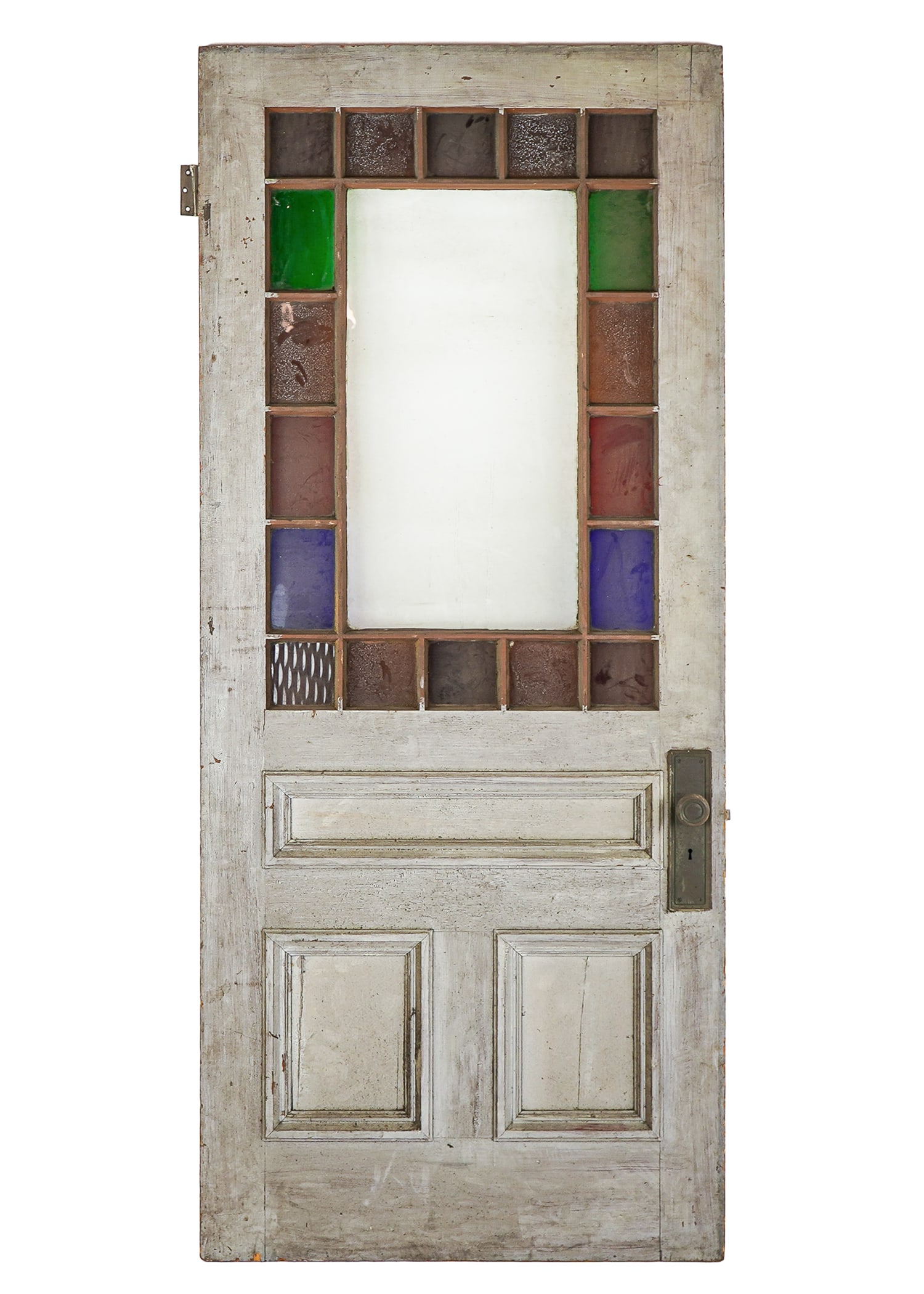 Ca 1900 Door with Colored Glass Panels: Ca 1900 wooden door with colored glass panels, brass hardware, 3' x 6' 11 1/2"