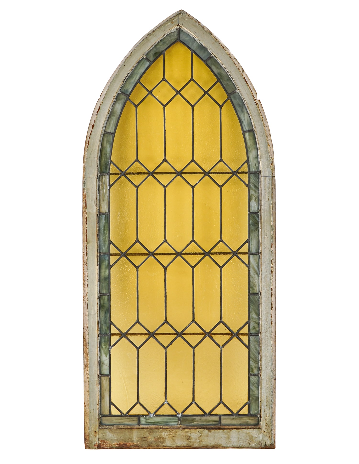 Church Arched Top Leaded Glass Window: Church arched top leaded glass window, 59 1/2" x 26", two glass panels cracked