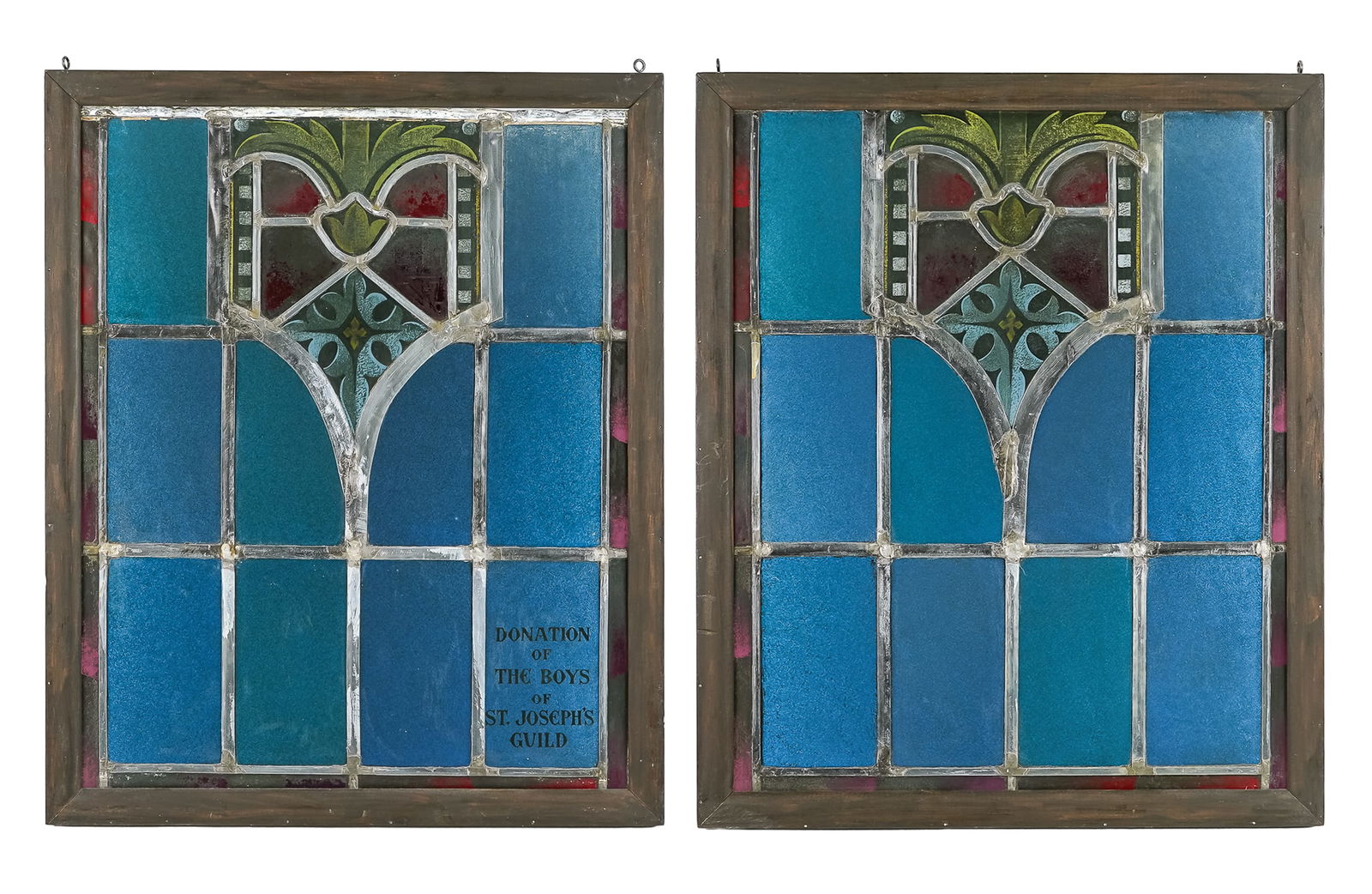 Pair of Dannemora Church Stained Glass Windows: Pair of Dannemora Catholic Church stained leaded glass windows, 25" x 21" each