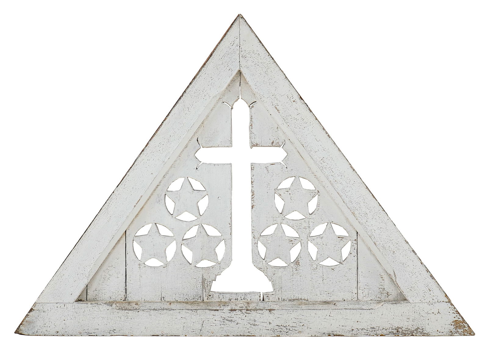 Antique Church Gable Trim: Antique Church peaked roof gable trim with cross and stars, ht 38 1/2", width 56"