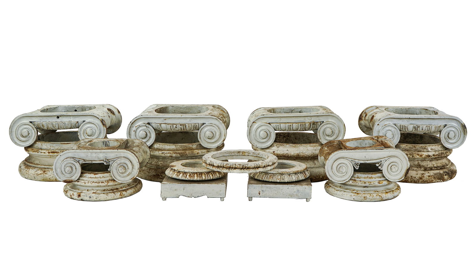 Cast Iron Ionic Column Capitals: Cast iron Ionic column capitals- matching 4 large pairs of capitals and bases, 2 small matching pairs of capitals and bases, 6 extra small decorative pcs, set of 4 diameters 10 5/8", 10" (local