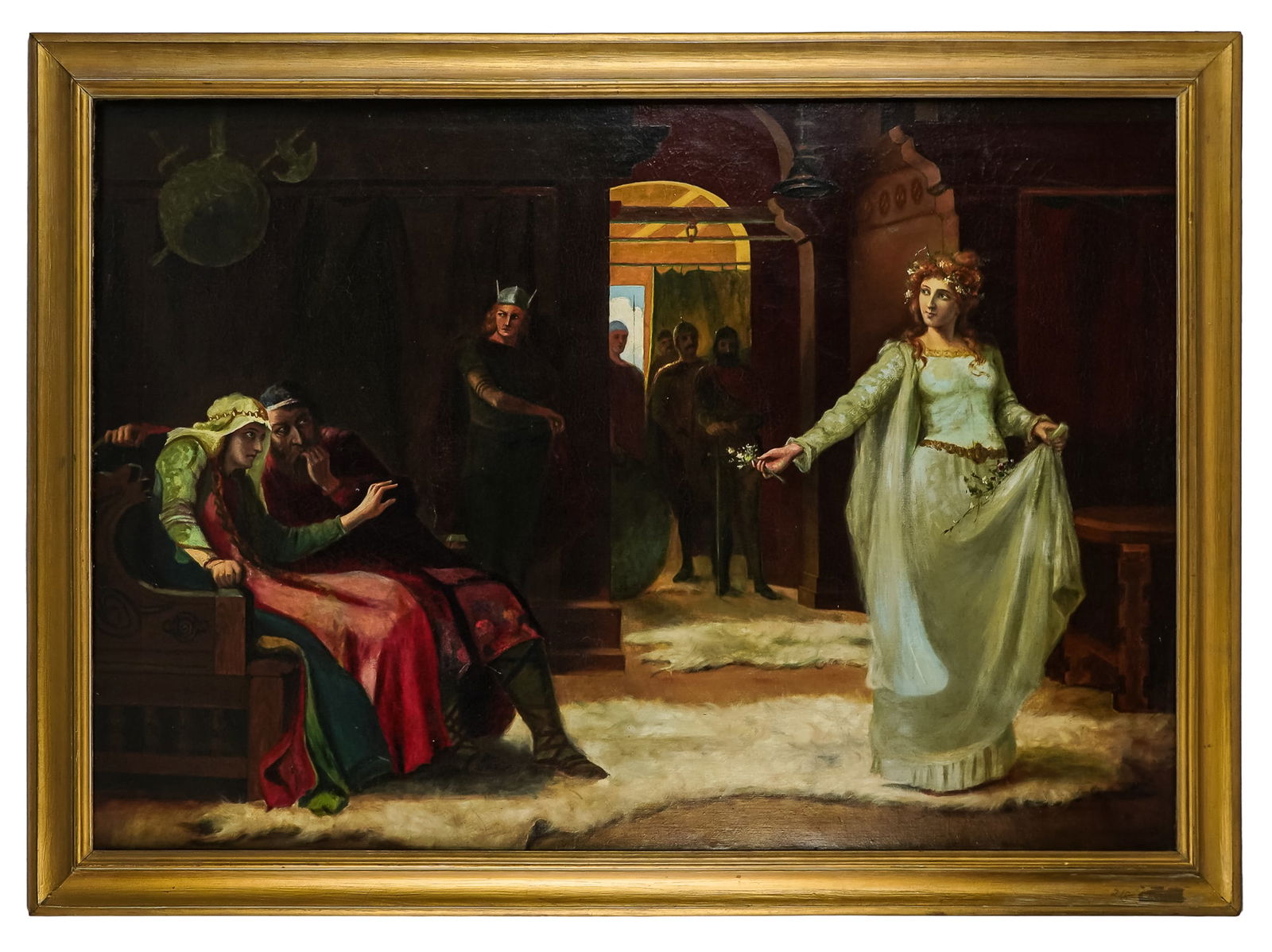 After Henrietta Rae (EN 1859-1928) Ophelia: After Henrietta Rae (English 1859-1928) Ophelia "There's Rue for You" oil on canvas Shakespearean drama scene circa 1890 re-lined in overall good condition- 38 x 54" 44 x 60" as framed.