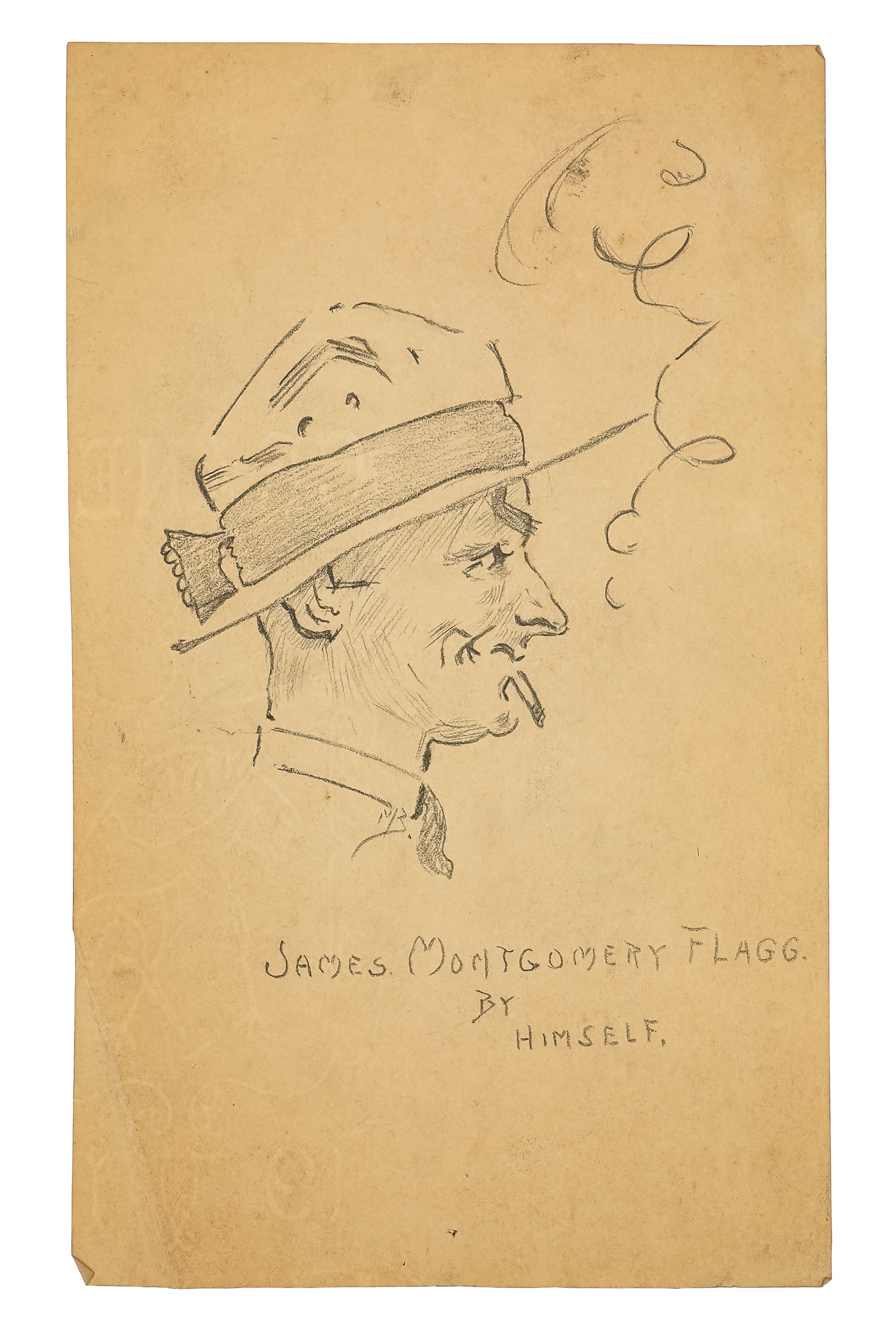 James Montgomery Flagg (AM 1877-1960) Self Portrait: James Montgomery Flagg (American 1877-1960) Self Portrait- Pencil sketch 8.5 x 5" Flagg is one of the best known American illustrators. His I WANT YOU WWI propaganda poster cemented Uncle Sam in our