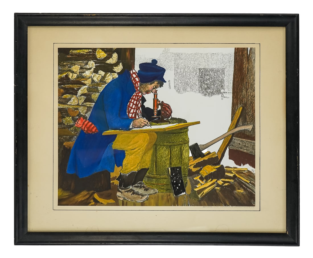Roy Frederic Heinrich (1881-1943) Snowflake Bentley: Roy Fredric Heinrich (American 1881-1943) Snowflake Bentley - hand colored lithograph 12 x 15" 17.5 x 21.5" as framed. Signed National Life Insurance of Vermont in margin. Heinrich was a New York