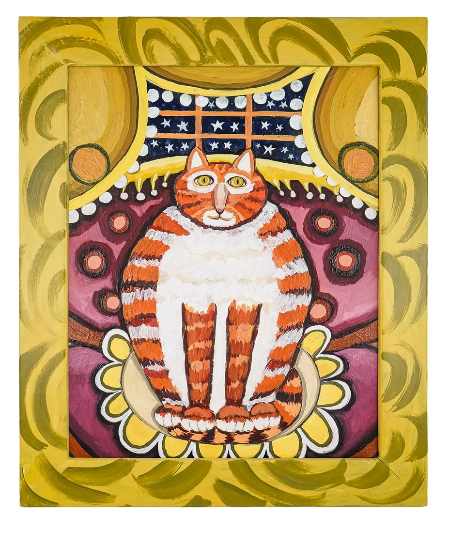RIta Masso (VT 1945-) Cat with Stars: Rita Masso (Vermont 1945-) Cat with Stars oil on canvas signed reverse. 20 x 15" 24 x 20" in hand decorated frame. Masso is a folk artist living in Burlington Vermont who has been active for many