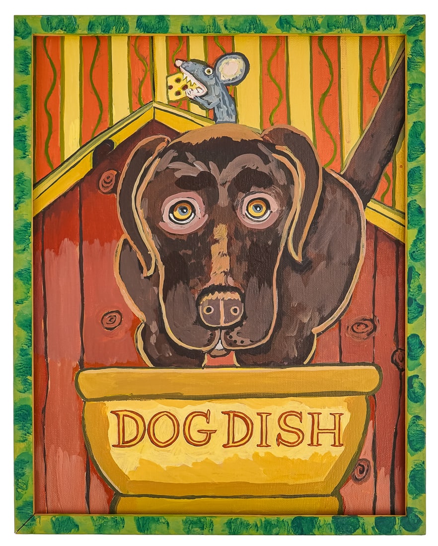 Rita Masso (VT 1945-) Lab and Mouse: Rita Masso (Vermont 1945-)Lab and mouse oil on canvas signed reverse 14.5 x 11.5" in hand decorated frame. Masso is a folk artist living in Burlington Vermont who has been active for many years, her