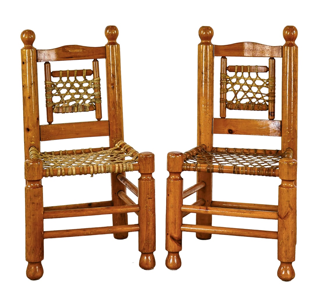 Pair of Rawhide seat Camp Chairs: Pair of Turned 1960's pine rawhide camp chairs, 38 x 20 x 20"
