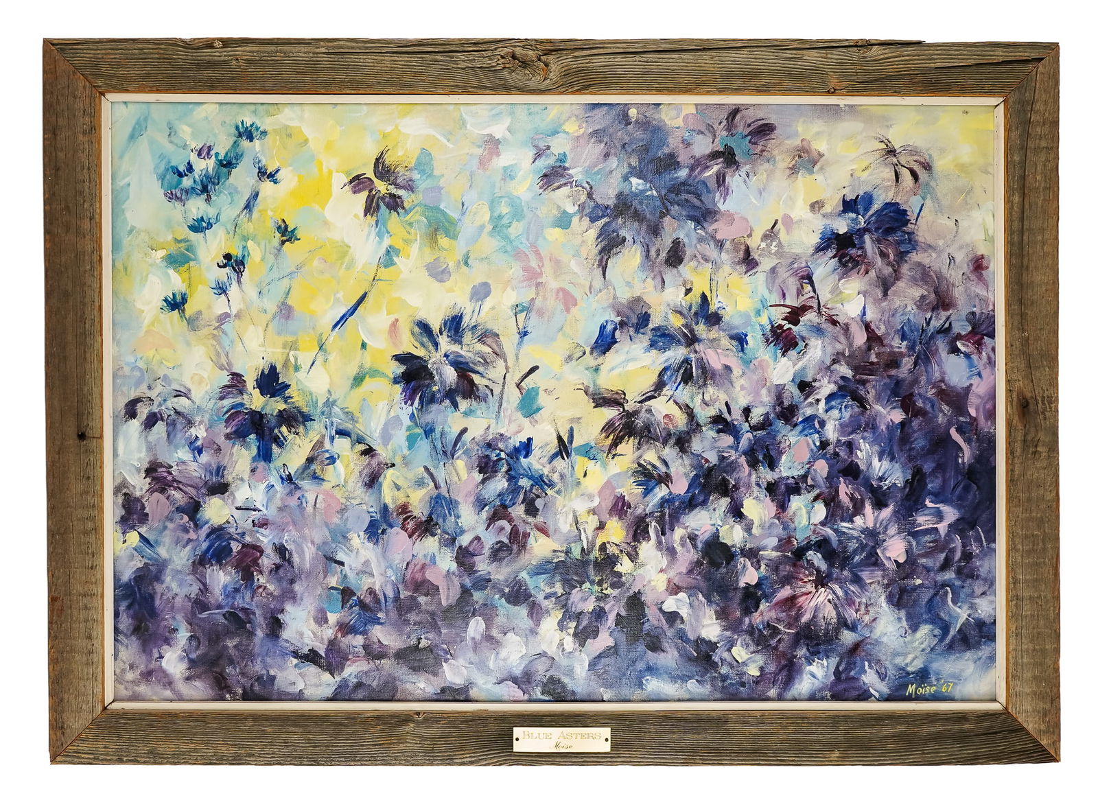 William Moise (ME 1922-1980) Blue Asters: William Moise (Maine 1922-1980) Blue Asters Oil on canvas signed lower right 1967 26 x 38" 30 x 42" as framed. In his art, as a plein air painter, Moise's favorite subject was the landscape around