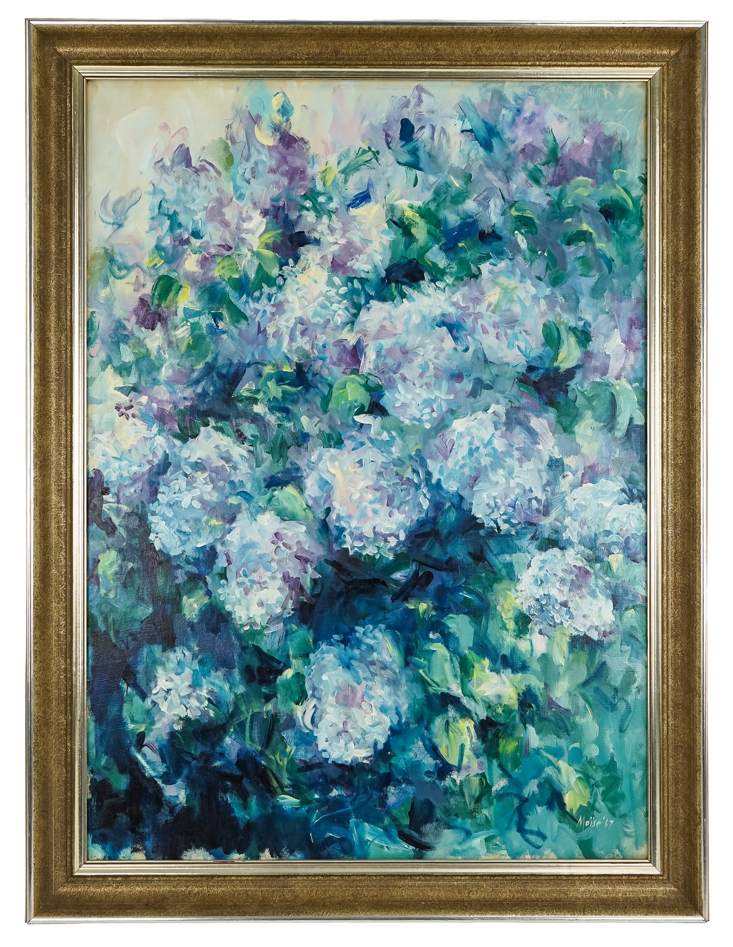 William Moise (ME 1922-1980) Lilacs: William Moise (Maine 1922-1980) Lilacs oil on canvas signed lower right 1967- 26 x 36" 41.5 x 31.5" as framed. In his art, as a plein air painter, Moise's favorite subject was the landscape around