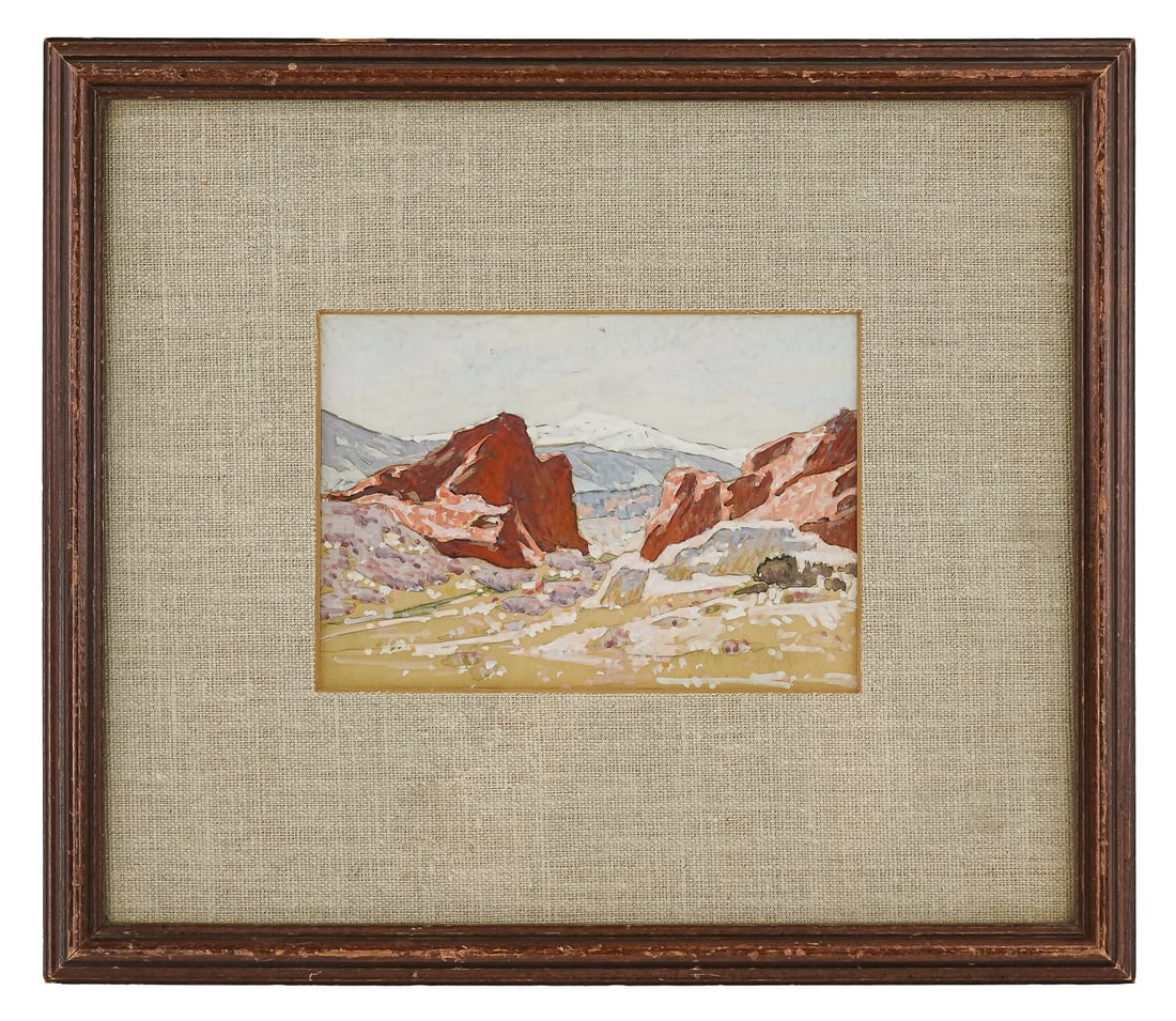 Phillip B Parsons (AM 1896-1977) Mountain Landscape: Phillip B Parsons (American 1896-1977) Mountain landscape watercolor and gouache on paper identified reverse with estate tag 4.5 x 6.5" 11 x 13" as framed. Parsons was a painter and illustrator, born