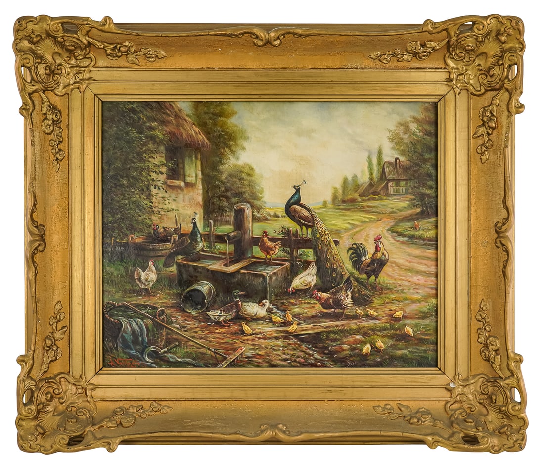 Adolph Volkhofen (DE 20th c) Barnyard Fowl: Adolph Volkhofen (DE 20th c) Barnyard Fowl