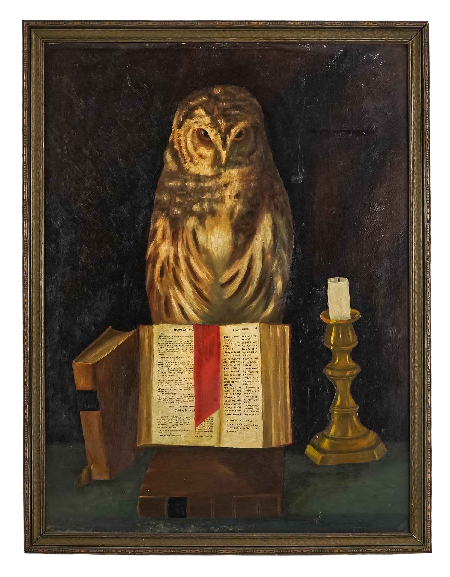 19th c oil on board occult still life of an owl.: 19th c Oil on board occult still life featuring an imposing owl, candlesticks and open times- Unsigned. 24 x 18" 26 x 20" as framed.
