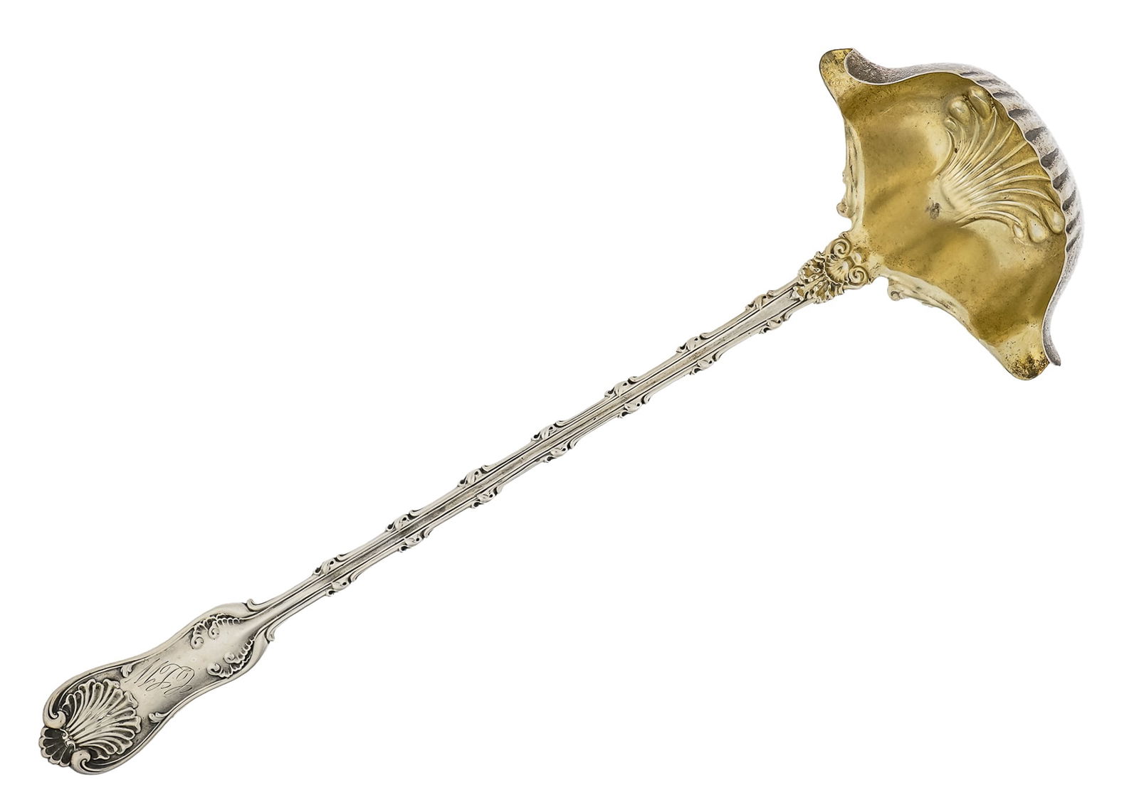 Whiting Imperial Queen Sterling Punch Ladle: ca. 1893 Whiting "Imperial Queen" pattern Georgian shell motif sterling silver punch ladle having gold wash vermeil bowl "CLW" cursive script monogram 4.5" x 14" 4.9 ozt.