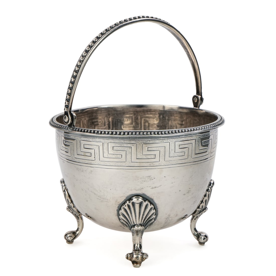 Crosby, Hunnewell and Morse Coin Silver Bowl: ca. 1870 Victorian era Crosby, Hunnewell and Morse Boston "Pure Coin Silver" Renaissance Revival style swing handled sugar bowl having four raised scroll and shell feet, Greek key motif frieze and