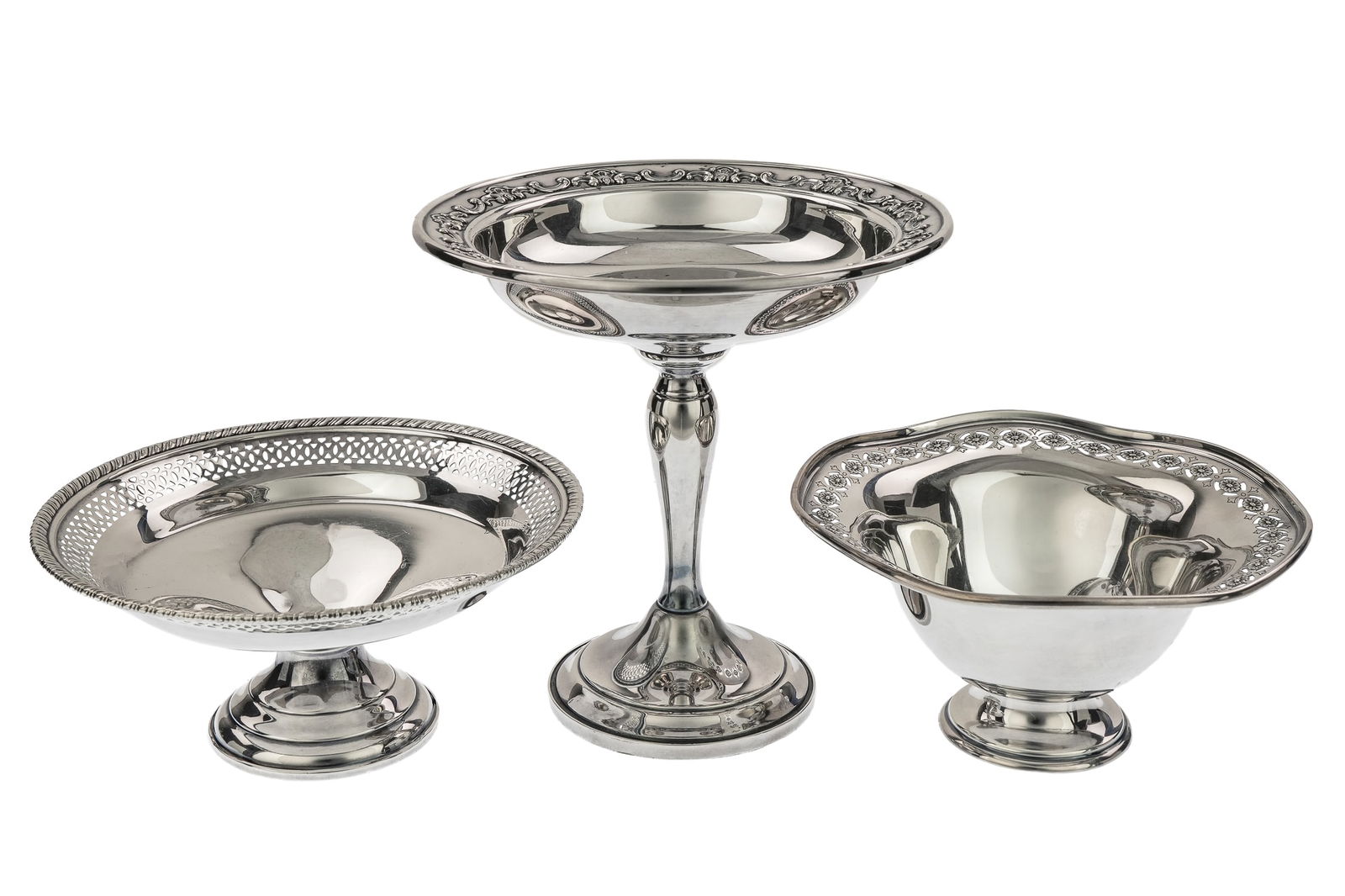 3 pcs. Mid 20th c. Sterling Silver Hollowware: Group of 3 pcs. of sterling silver hollowware including Gorham weighted tazza, Crown reticulated weighted bowl (small dent), and a reticulated ruffled edge bowl. ht. 3"-6.25 3.8 ozt. weighable