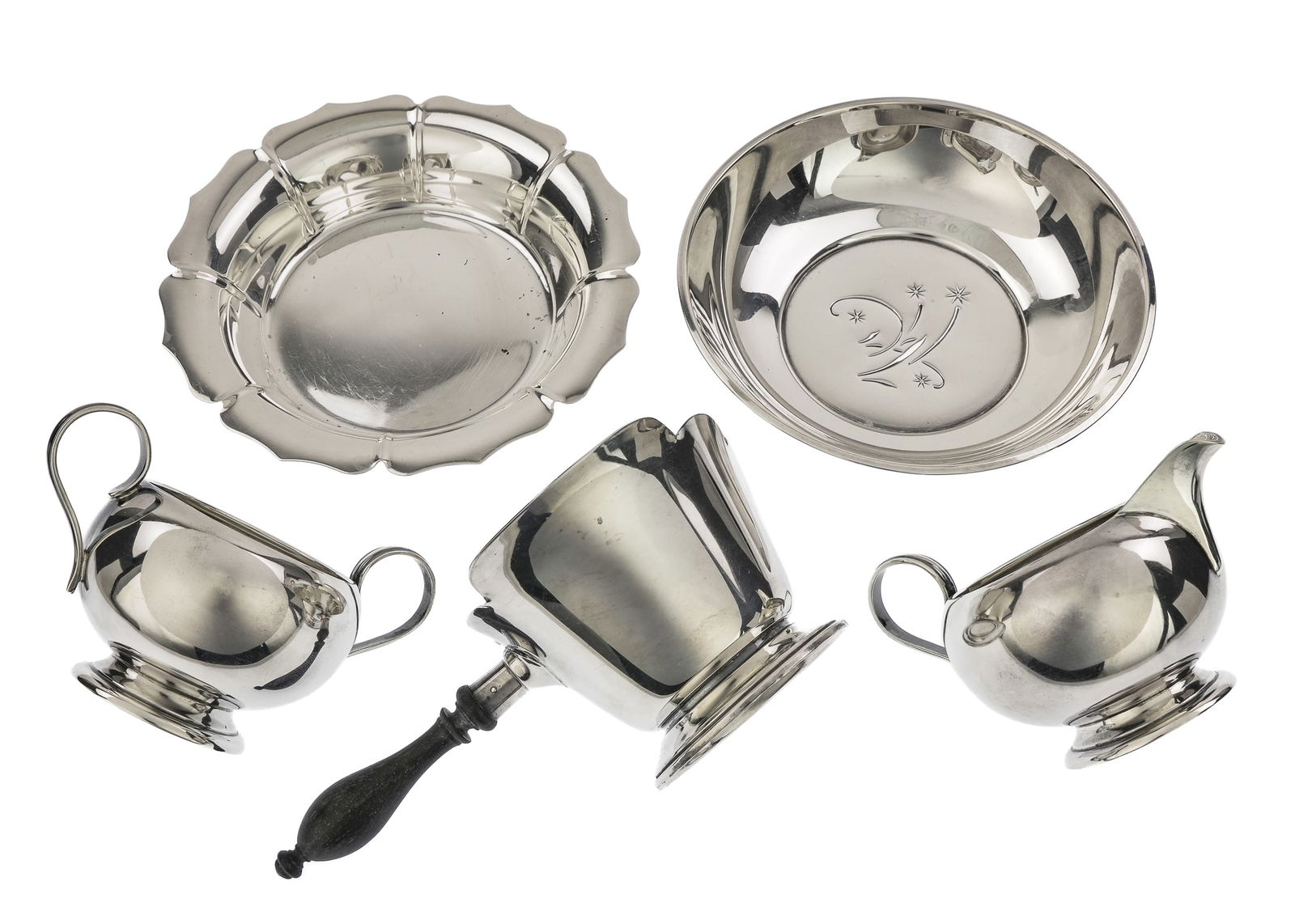 5 pcs. Mid 20th c. Sterling Silver Hollowware: Group of 5 pcs. of sterling silver hollowware including Lunt scalloped dish, Gorham mid century starburst dish, footed sugar and creamer, and side pour sauce dish ht. 4.5"-6" approximately 16 ozt.