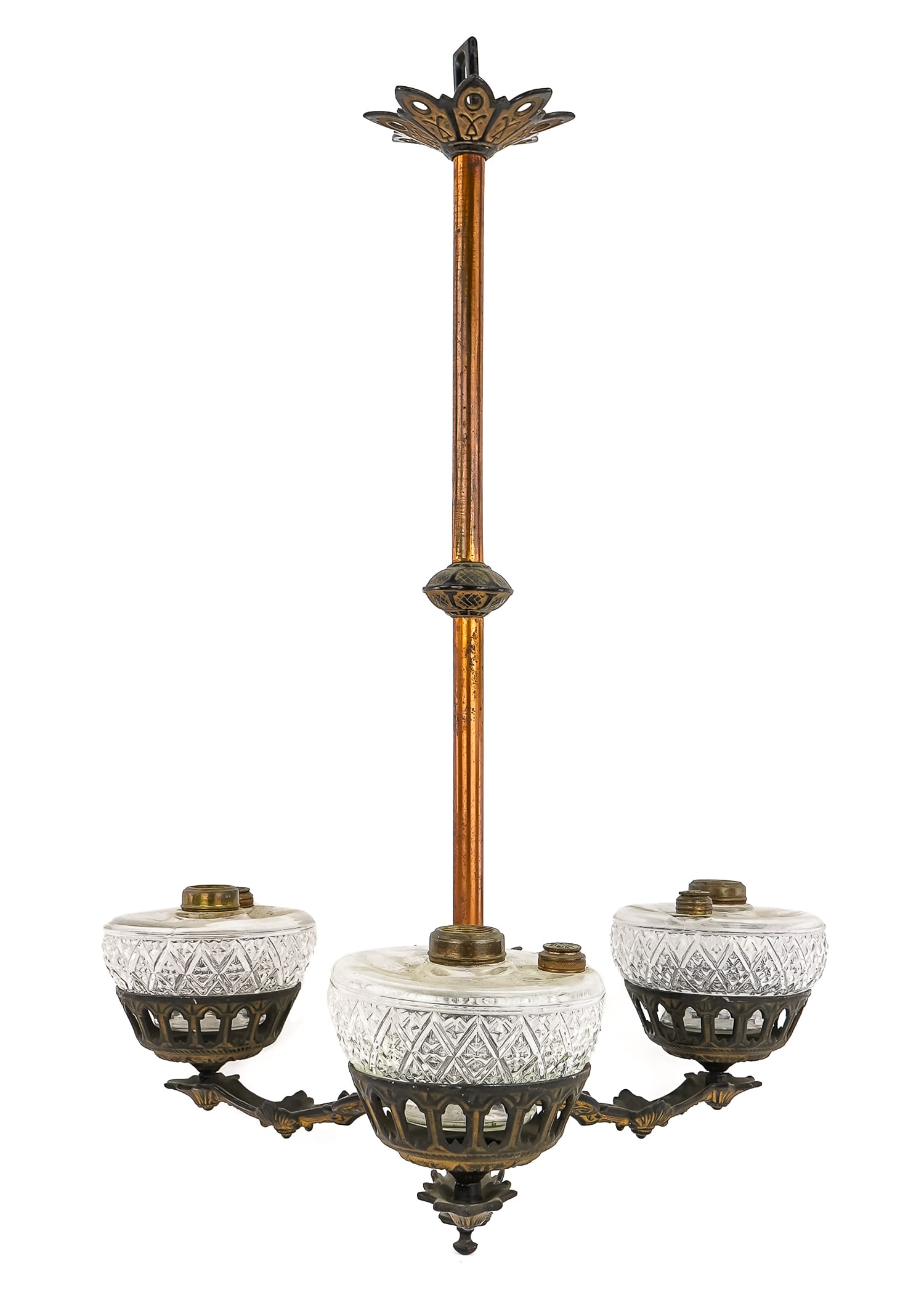 Victorian 3 Light Chandelier: Victorian patinated metal 3 light hanging chandelier with 3 glass oil light fonts. Copper & painted iron. 33" h, 24" wide.