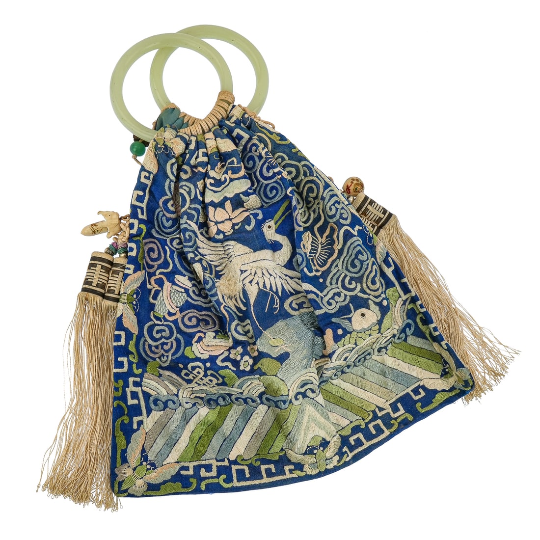 Meiji Period Jade Handle Silk Handbag: Late 19th c Meiji period Japanese silk handbag with 2 white / pale celadon jade 3 1/2" diameter handles, silk whip style decoration of cranes, flowers, moths, and tassels with gilt decorated ivory
